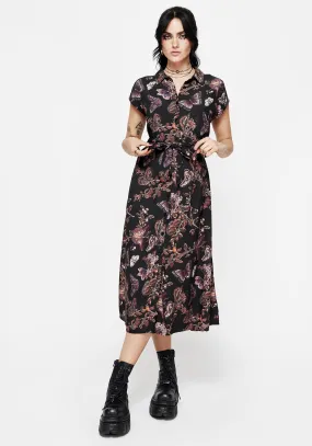 Sleek Comfort Eloise Floral Butterfly Print Button Up Midi Dress