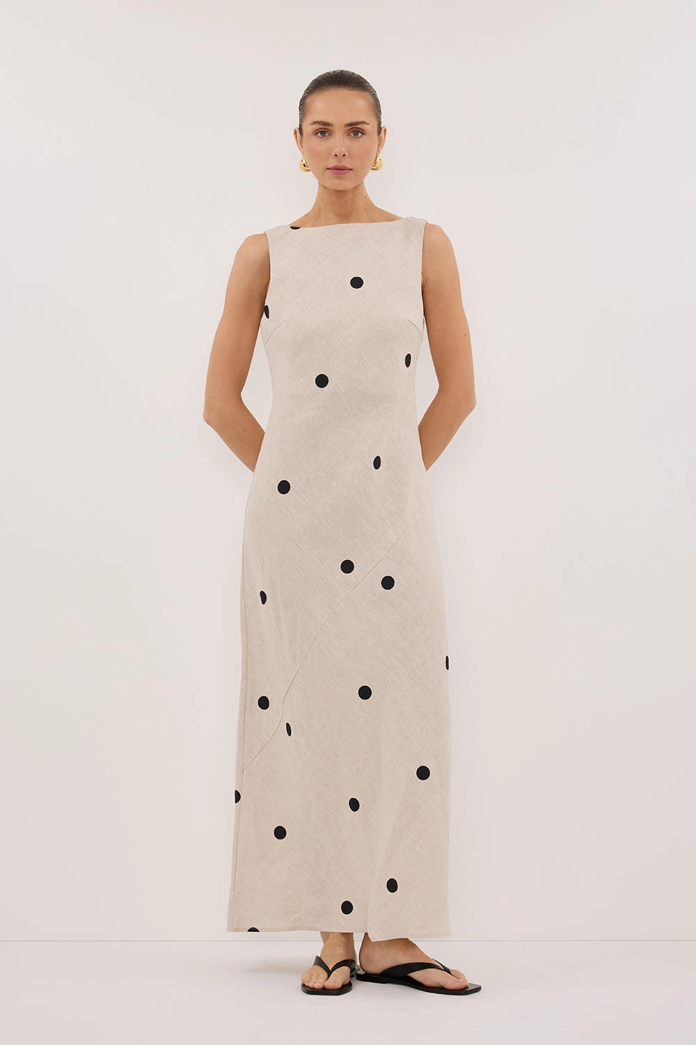 BEVERLY NATURAL SPOT LINEN MIDI DRESS Day Fit Simple Ease