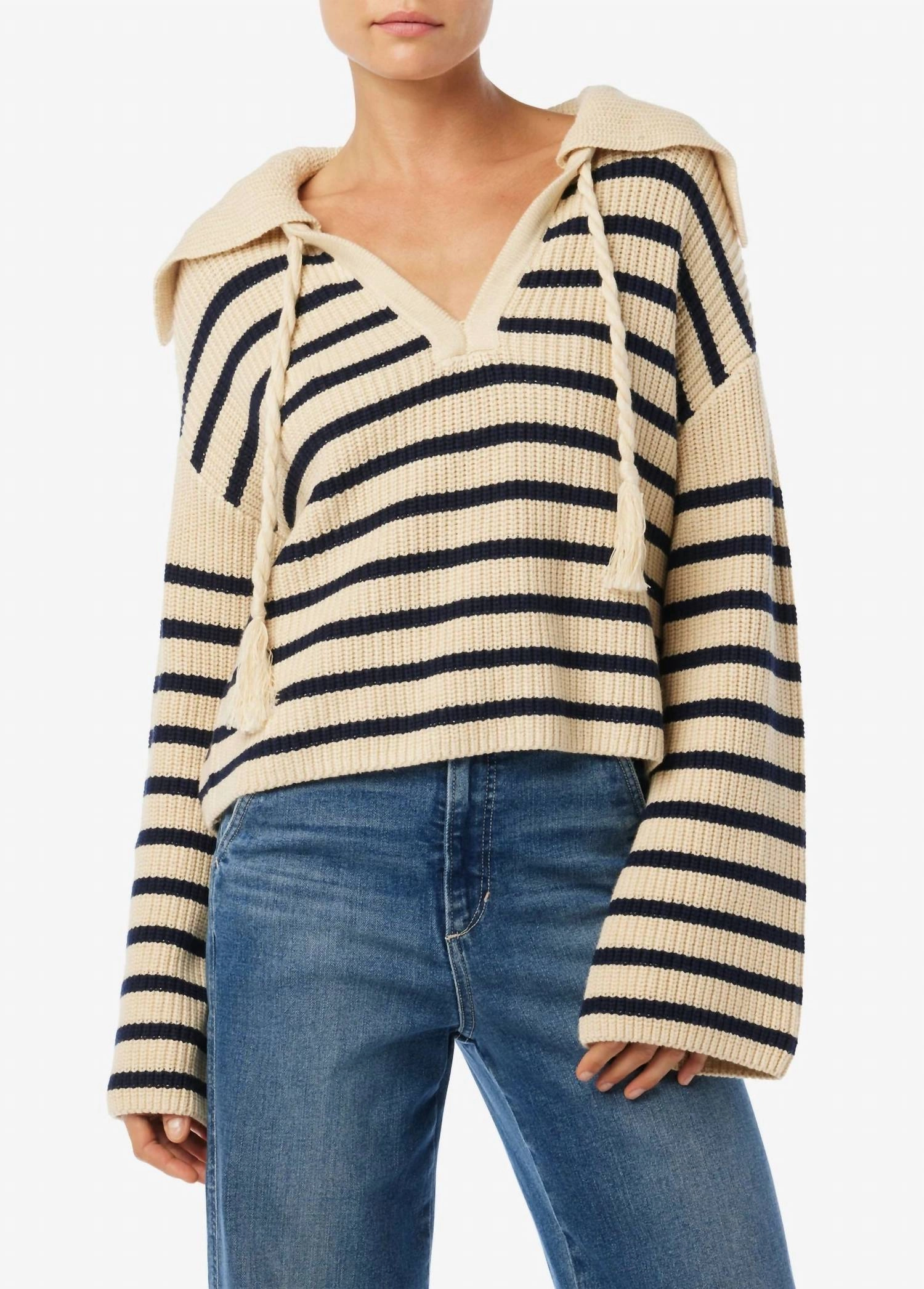 Seasonal Fashion Breathable Textured Fabric Sloane Popover V-Neck Sweater In Breton Stripe
