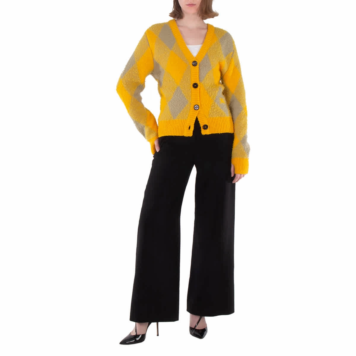 Burberry Argyle Diamond Patterned Rib Trim Cardigan Soft and Elegant