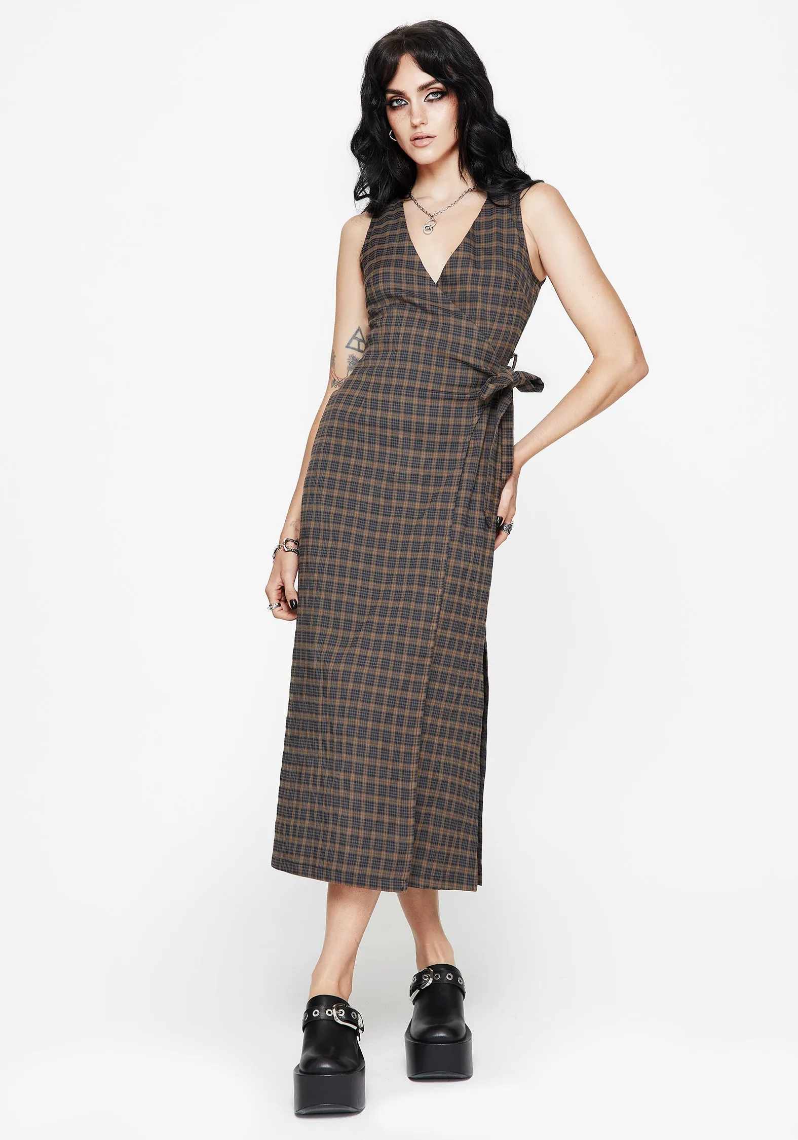 Warm Season Nature Bloom Allure Check Sleeveless Midaxi Wrap Dress