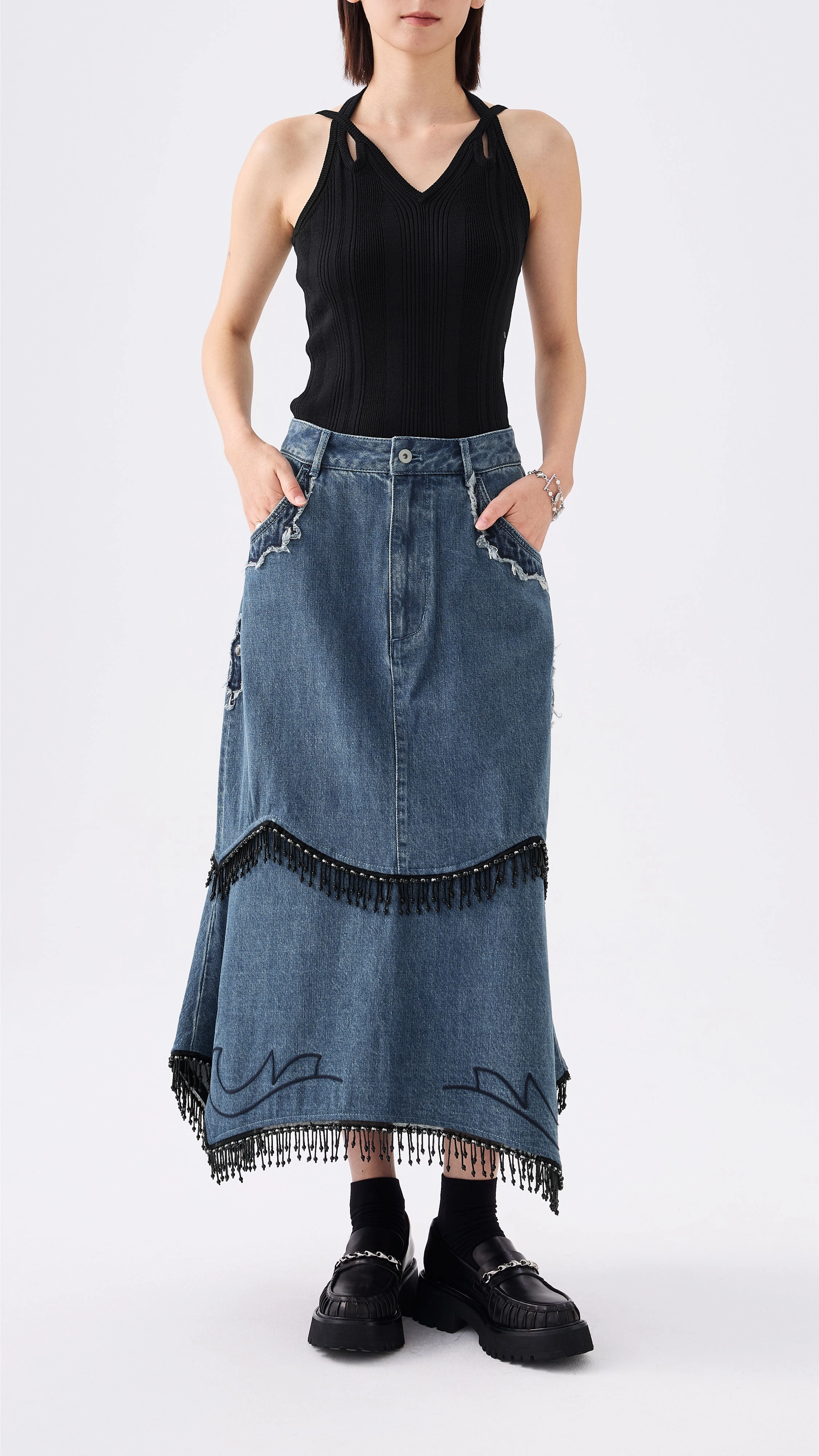 Cool Details Western Patched Denim Fishtail Skirt