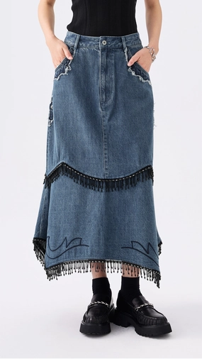 Western Patched Denim Fishtail Skirt Vibe Shot Street Ready