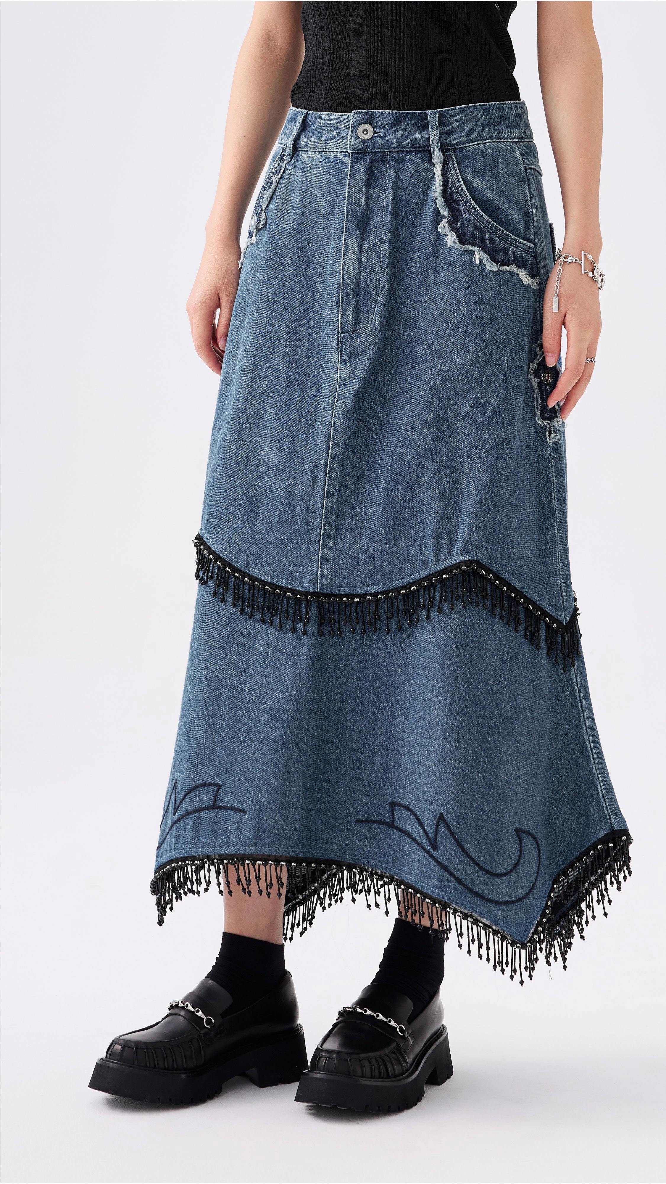 Western Patched Denim Fishtail Skirt Cool Details