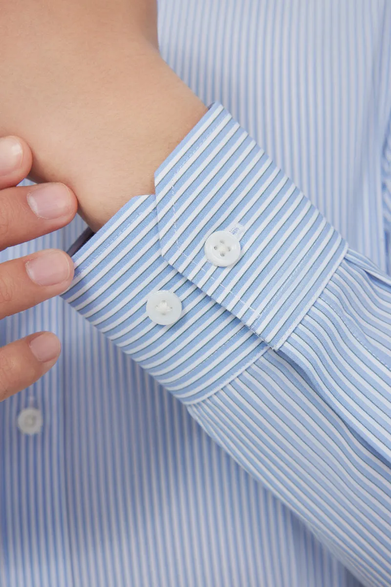 Breathable Lining Stretch Material Wrinkle-Free Poplin Dress Shirt | Light Blue Stripes 25670N