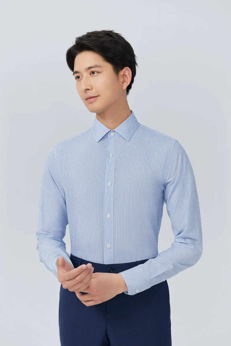 Wrinkle-Free Poplin Dress Shirt | Light Blue Stripes 25670N Unstructured Shoulder