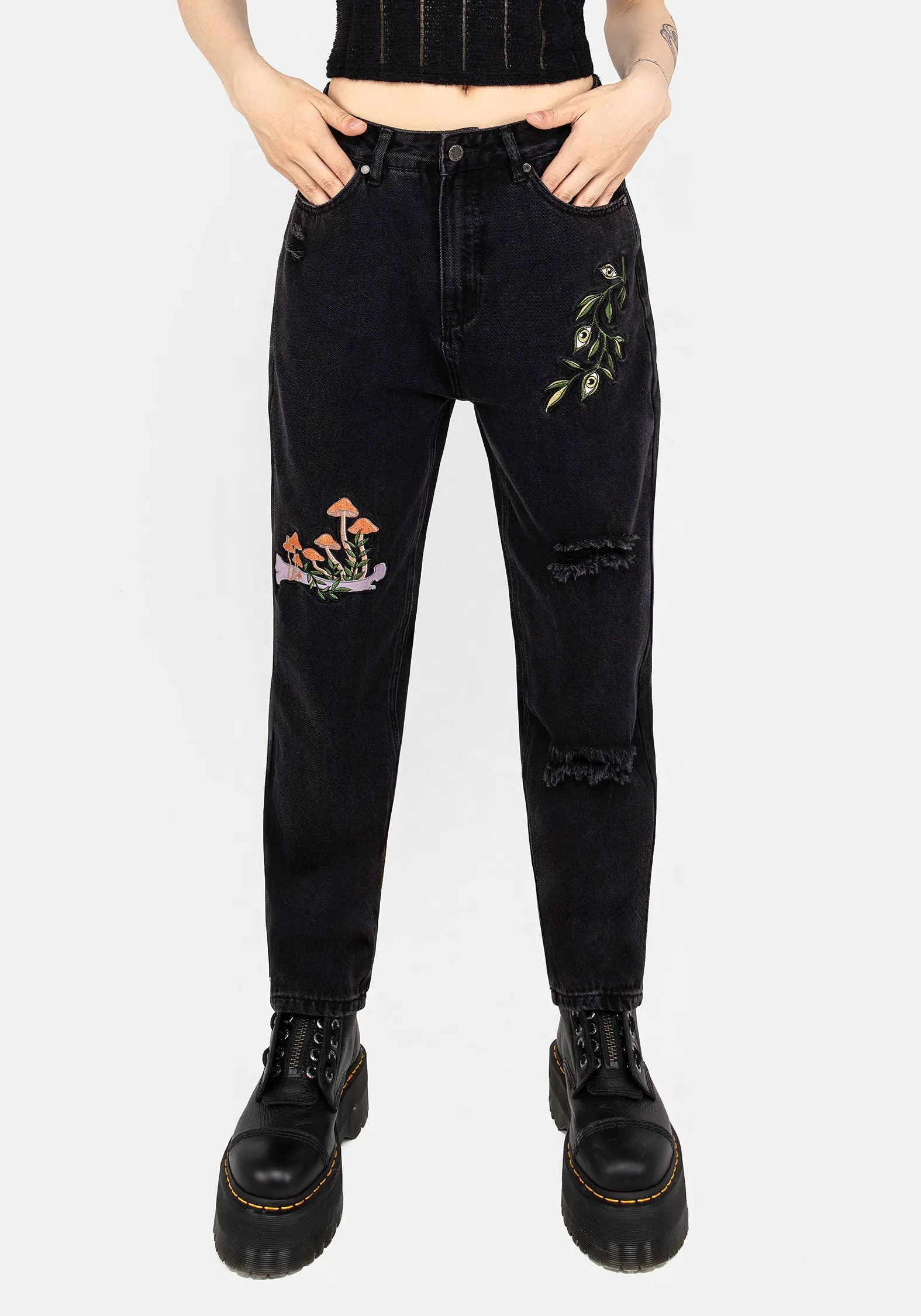 Swamplife Frog Embroidered Distressed Mom Jeans Plain Favorite Casual Friday Versatile