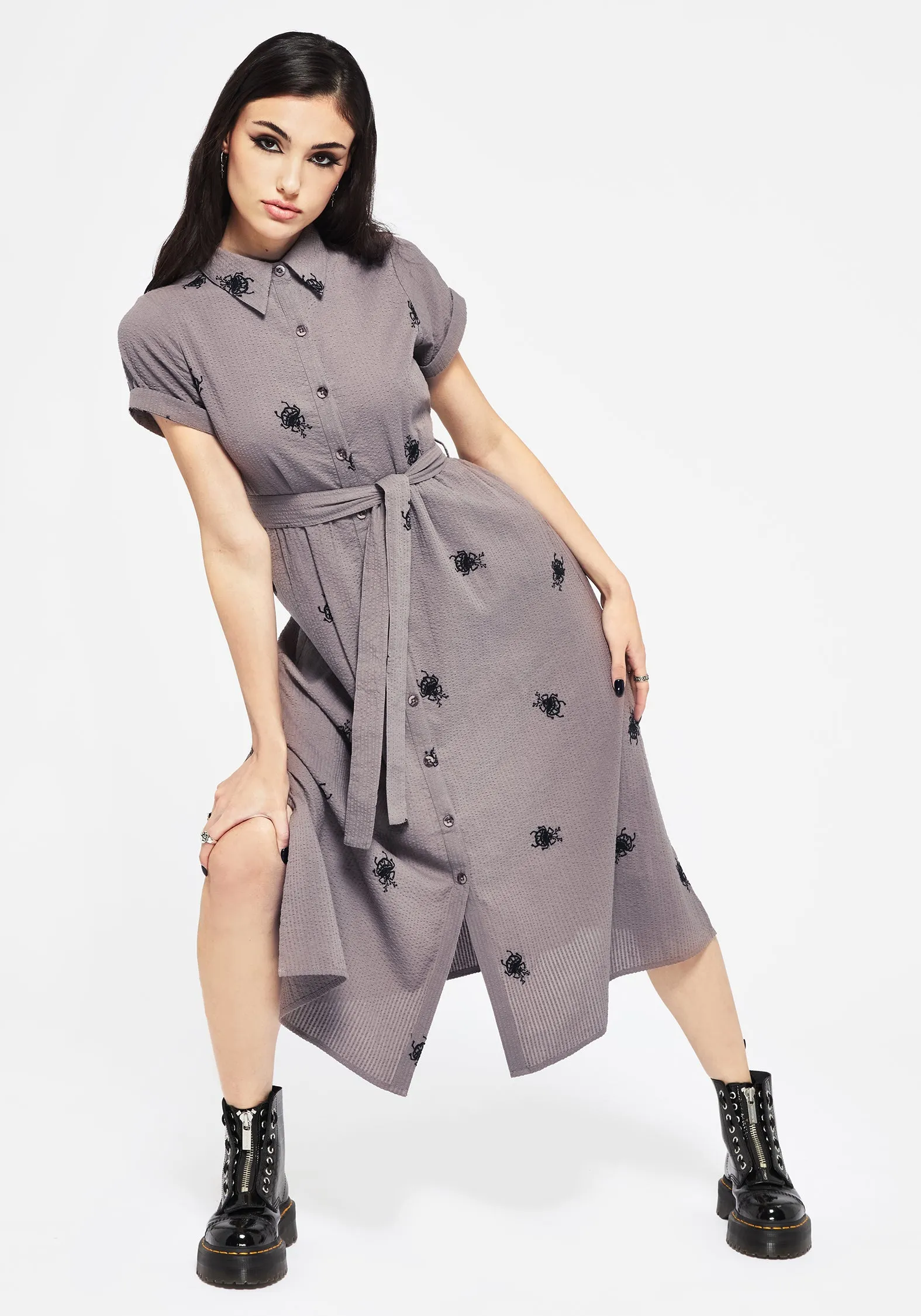 Stag Beetle Embroidered Midi Shirt Dress Season Ready