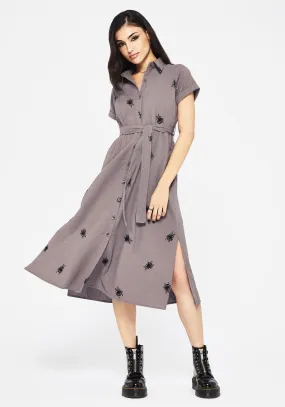Stag Beetle Embroidered Midi Shirt Dress Shine Dressy