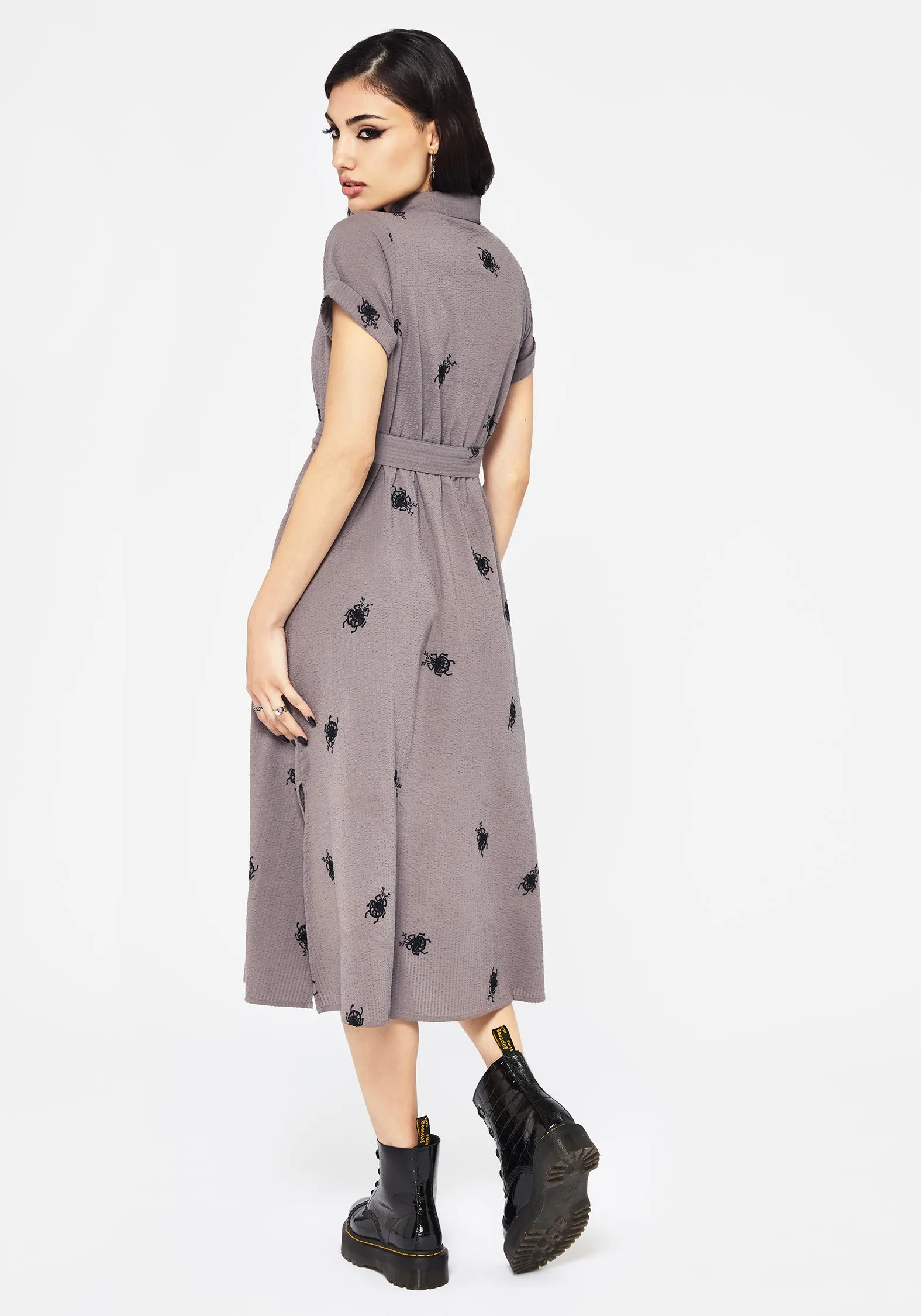 Silky Layer Office Wear Stag Beetle Embroidered Midi Shirt Dress