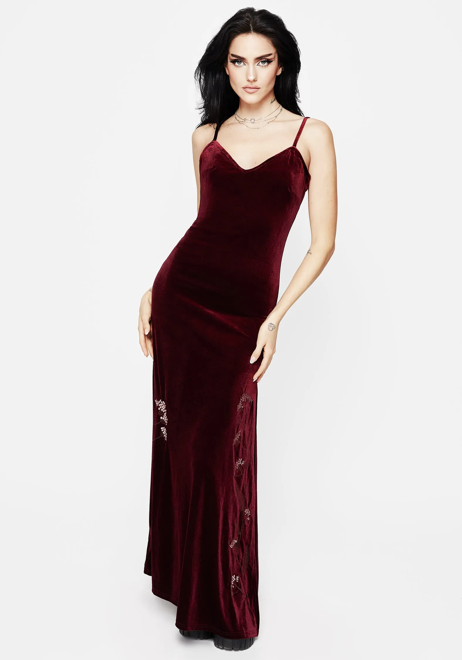 Virosa Floral Embroidered Velour Gown Refined Aesthetic