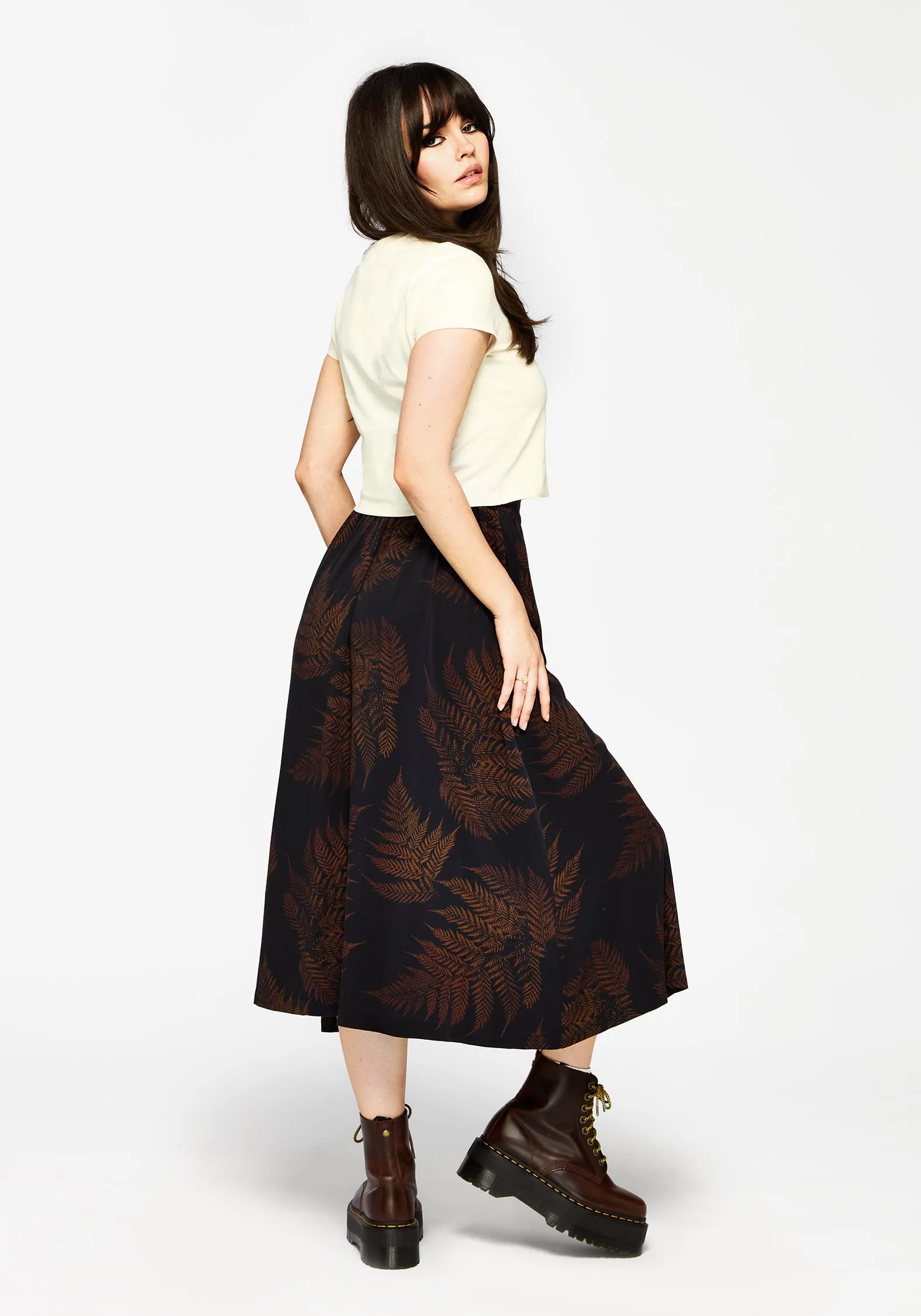 Recycled Material Texture Focus Ruin Fern Printed Midaxi Skirt - Brown