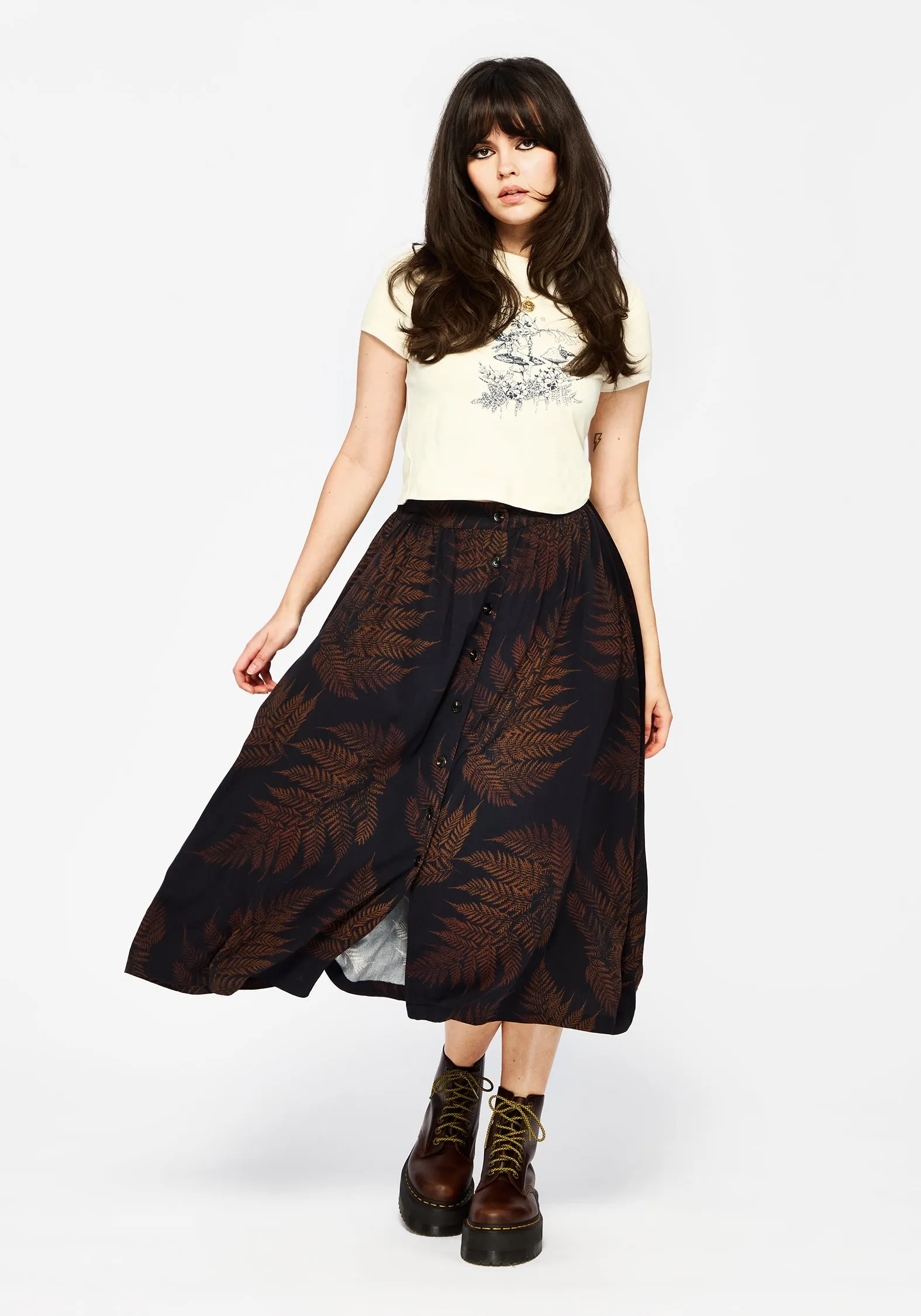Modern Design Thermal Regulating Ruin Fern Printed Midaxi Skirt - Brown