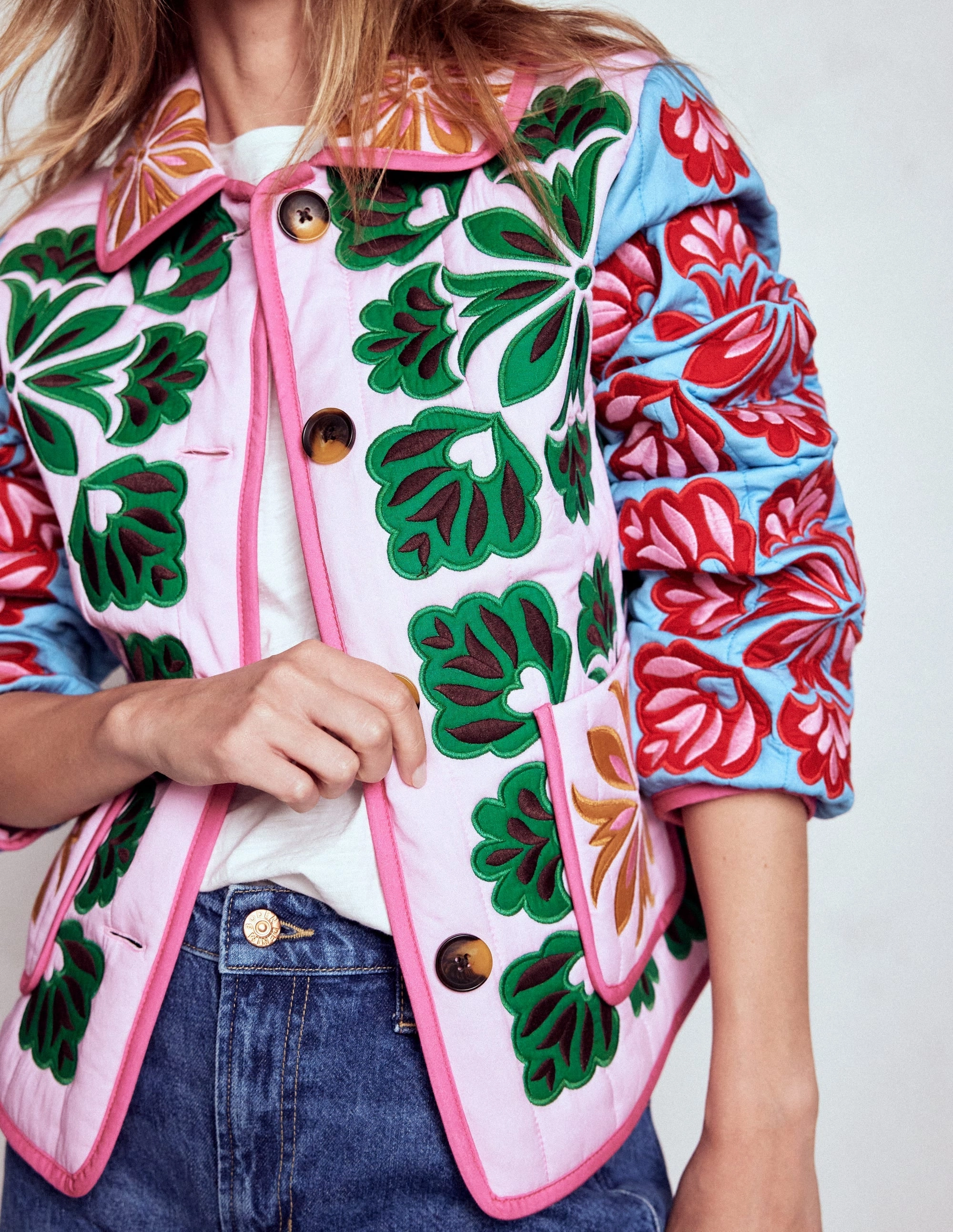 Travel Ready Faux Fur Collar Fitzrovia Embroidered Jacket-Multi Applique