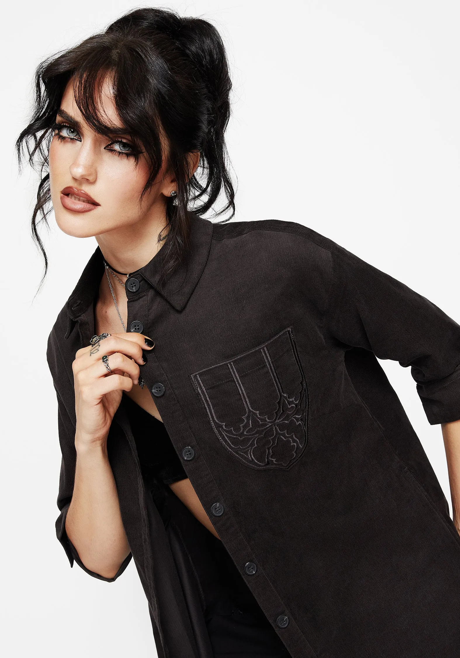 Relax Comfort Axis Cotton Pocket Embroidered Mini Shirt Dress