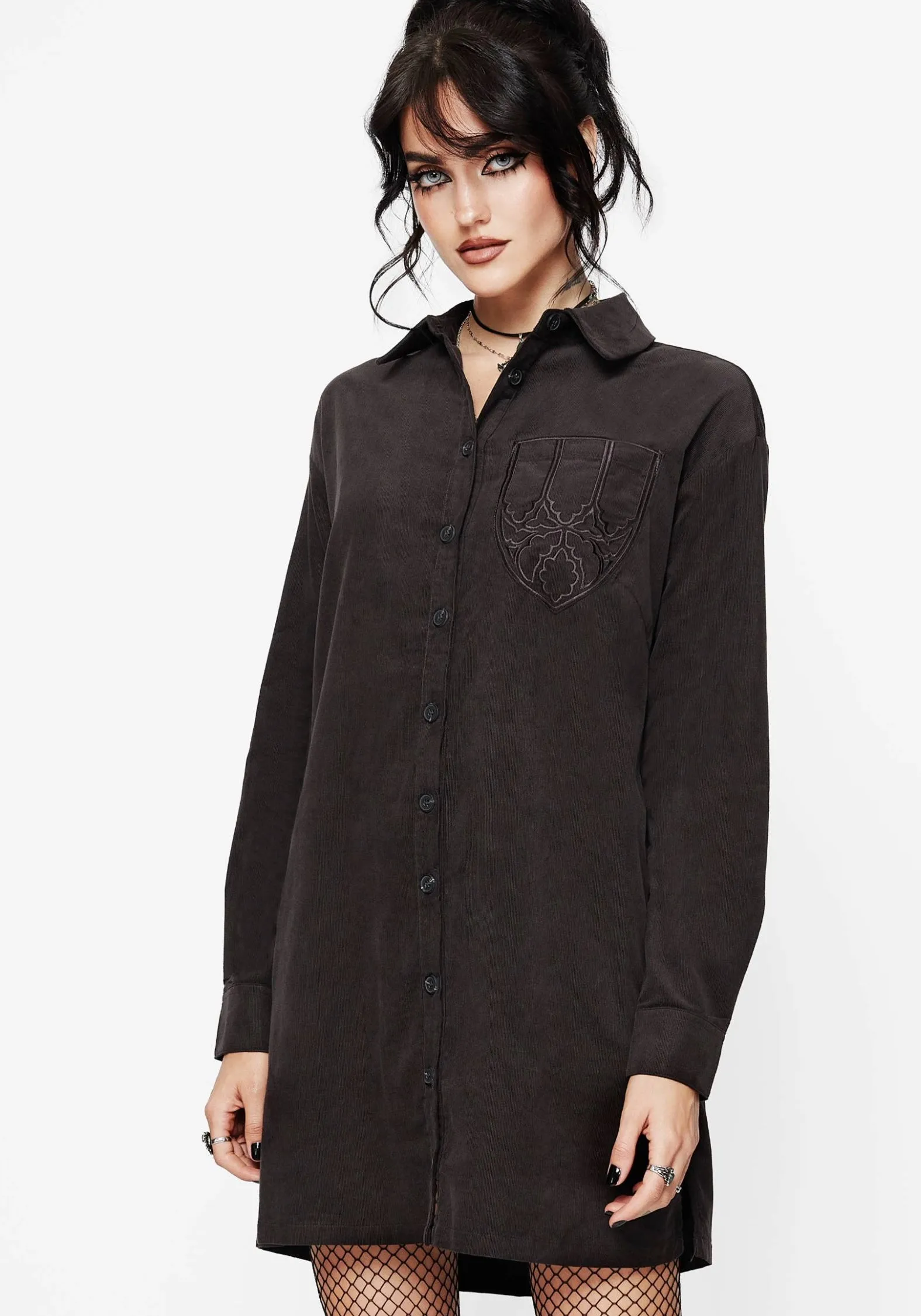 Modest Light Chill Friendly Axis Cotton Pocket Embroidered Mini Shirt Dress
