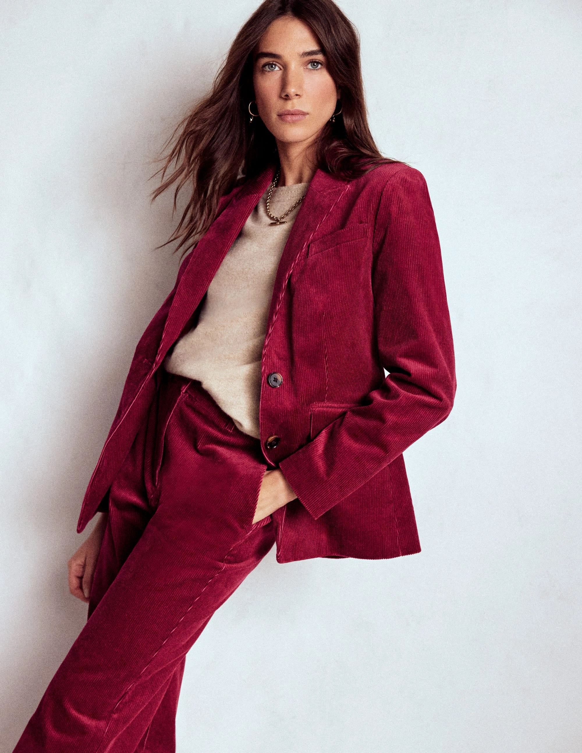 Stamford Cord Blazer-Burgundy Red Neutral Tones Look Anti Pilling Fabric