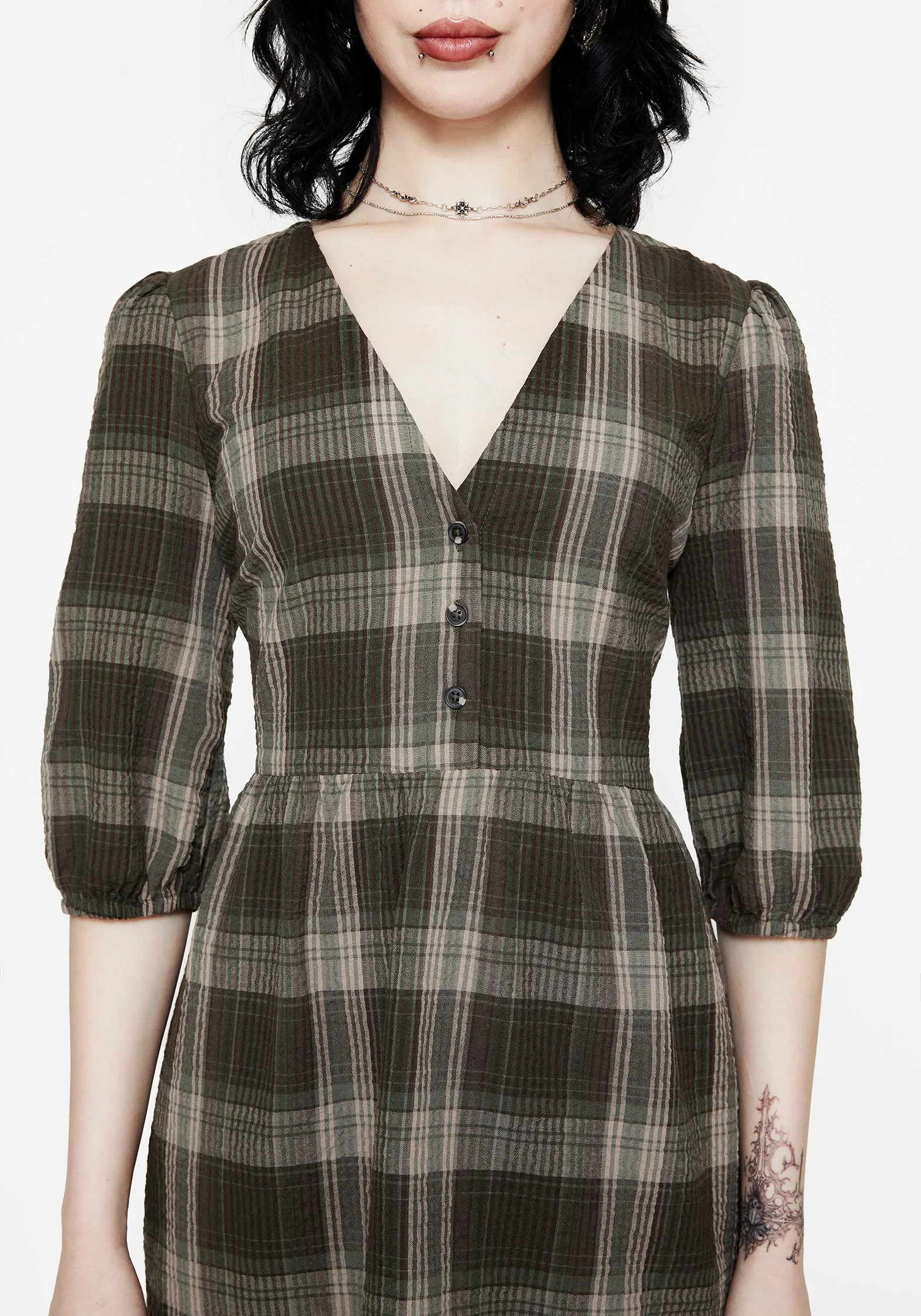 TaglessDesign One-Shoulder Clara Cotton Check Tiered Mini Smock Dress