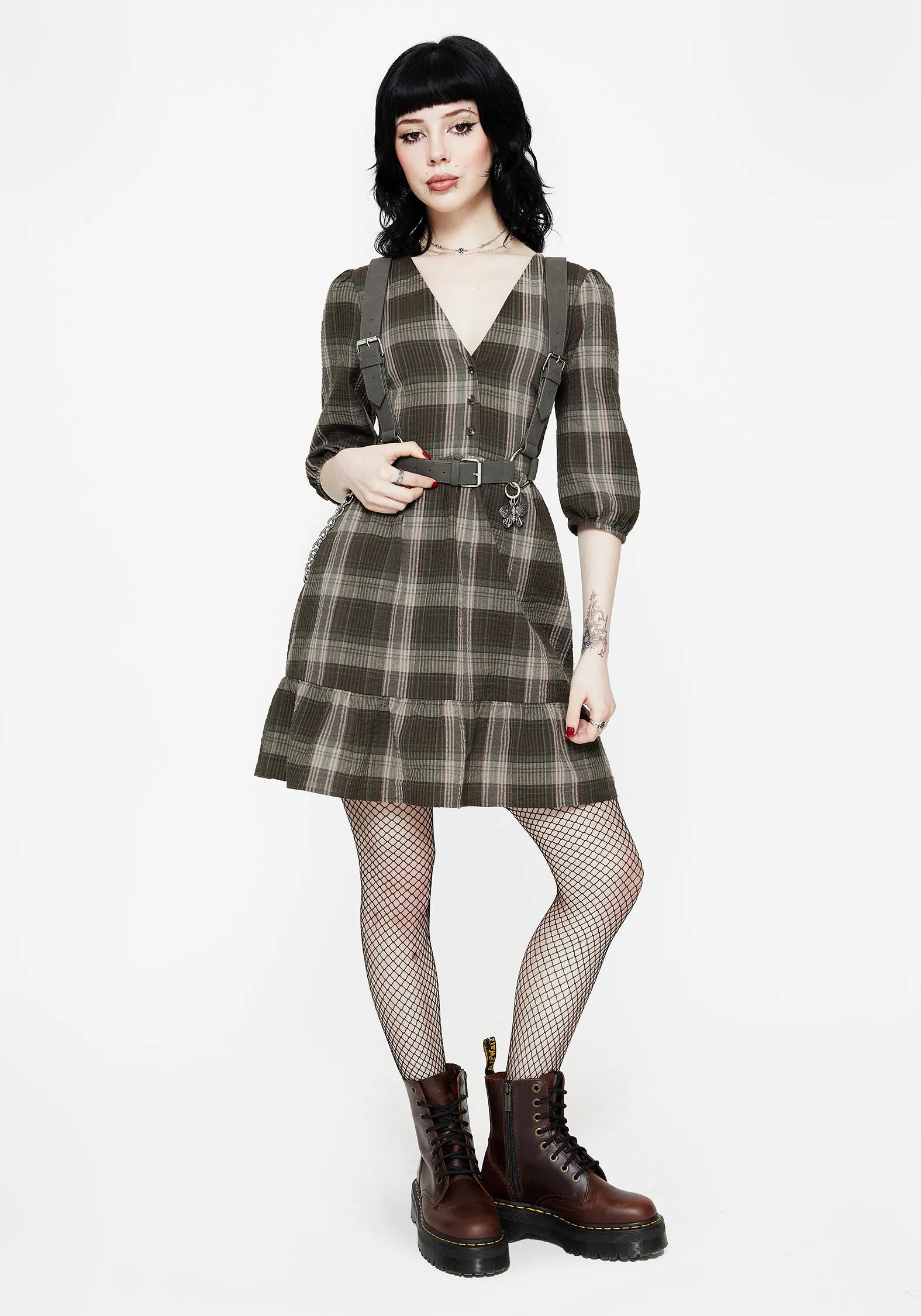Minimal Form Delicate Finish Clara Cotton Check Tiered Mini Smock Dress