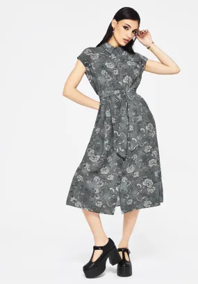 Meadow Floral Serpent Print Midi Shirt Dress Hidden Zipper Modern Edge