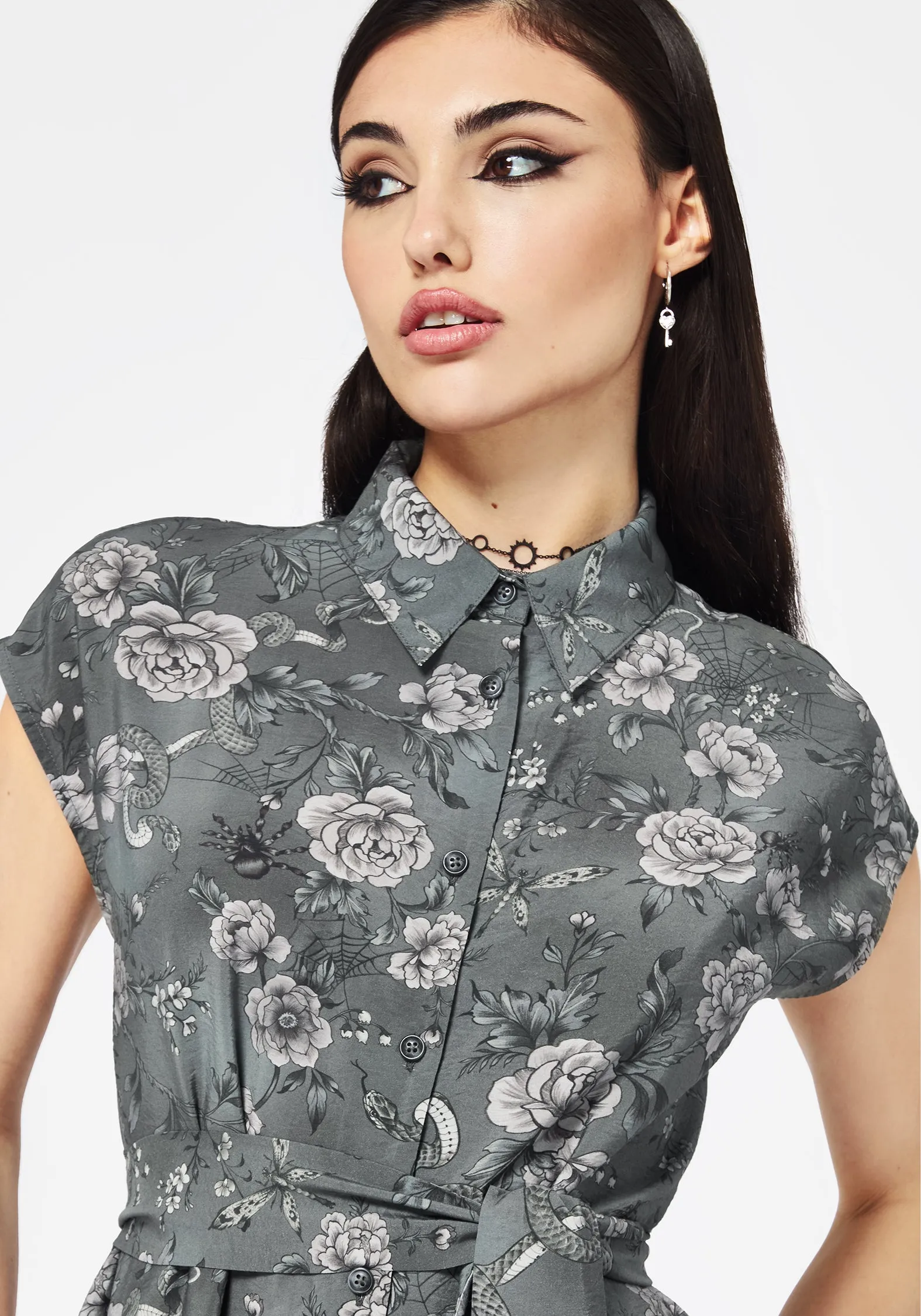Vibrant Hue Simple Yet Elegant Meadow Floral Serpent Print Midi Shirt Dress