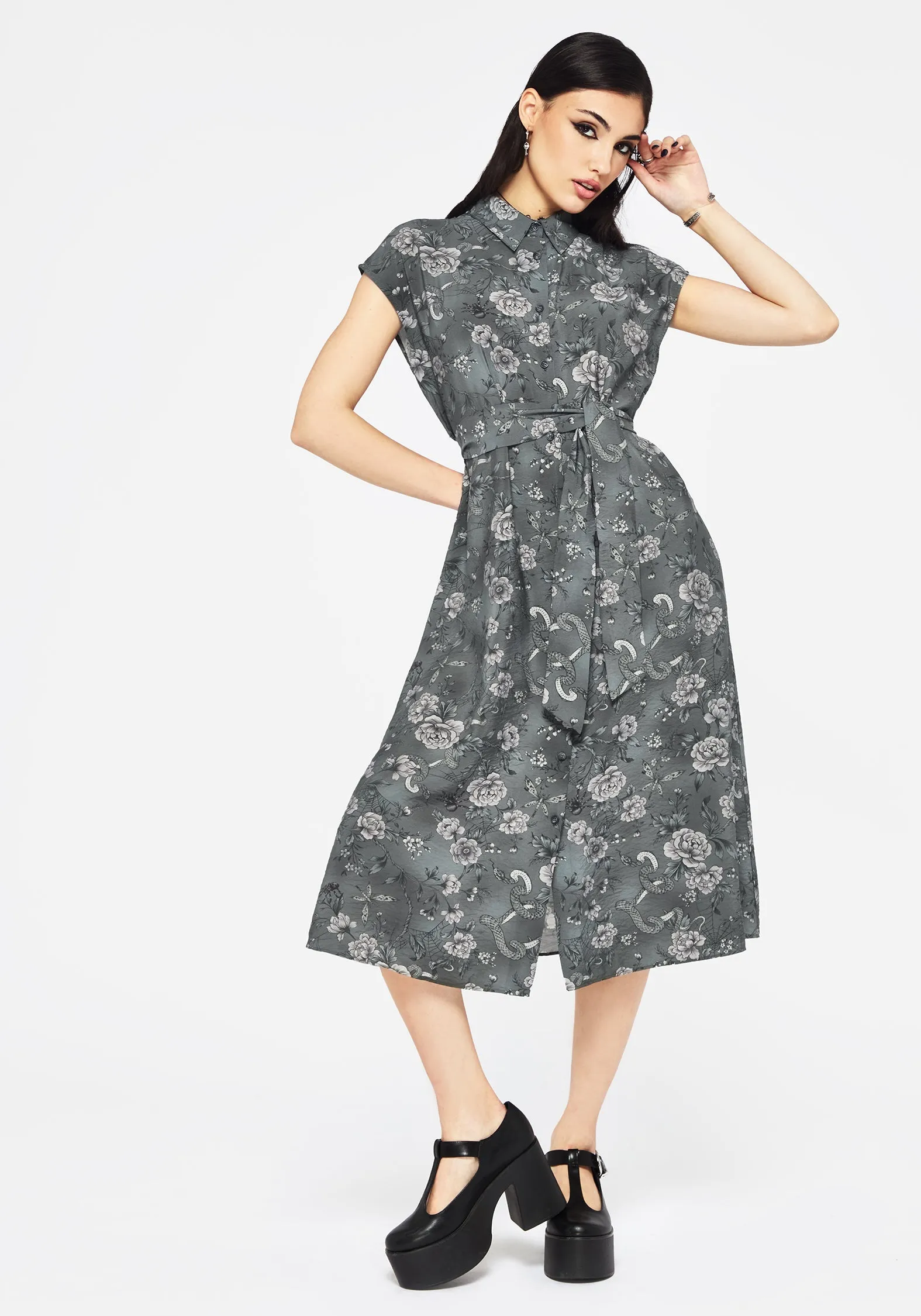Meadow Floral Serpent Print Midi Shirt Dress Hidden Zipper Modern Edge