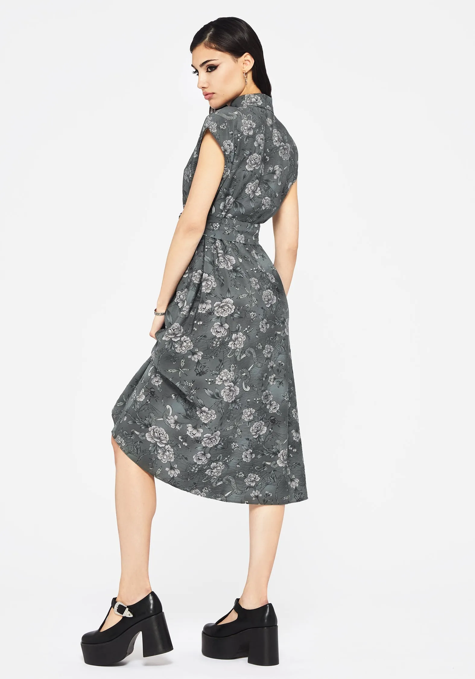 Lightweight Comfort Trendy Layer Meadow Floral Serpent Print Midi Shirt Dress