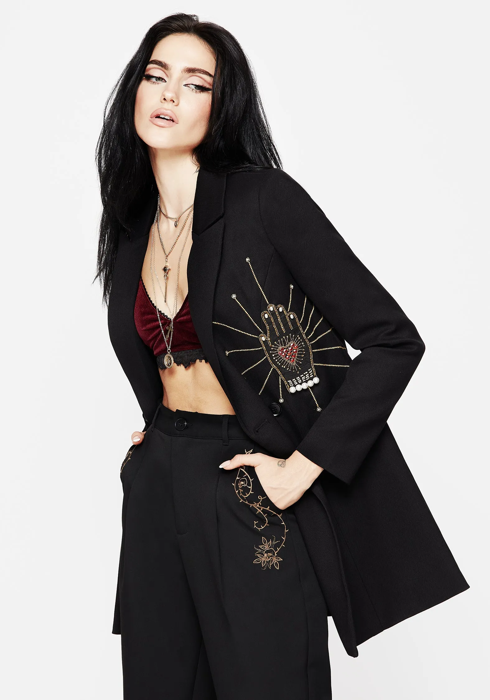 Ingrid Hand Embroidered Applique Blazer Dress Sharp Profile Smooth-Finish