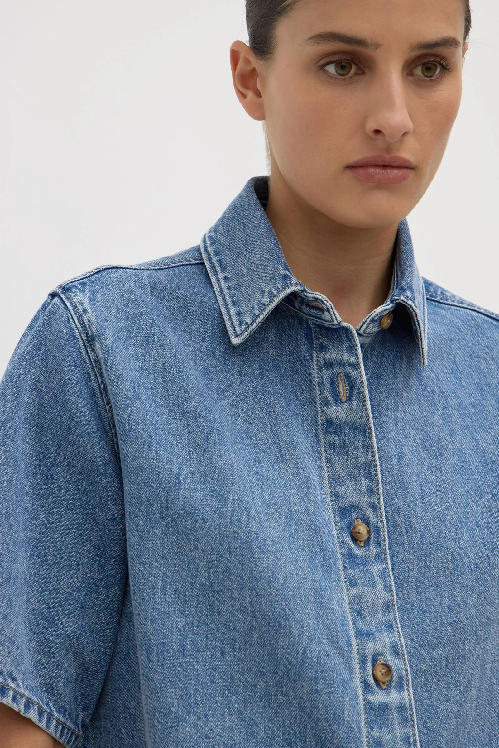 Boxy Denim Short Sleeve Shirt decorative element Patterned Texture