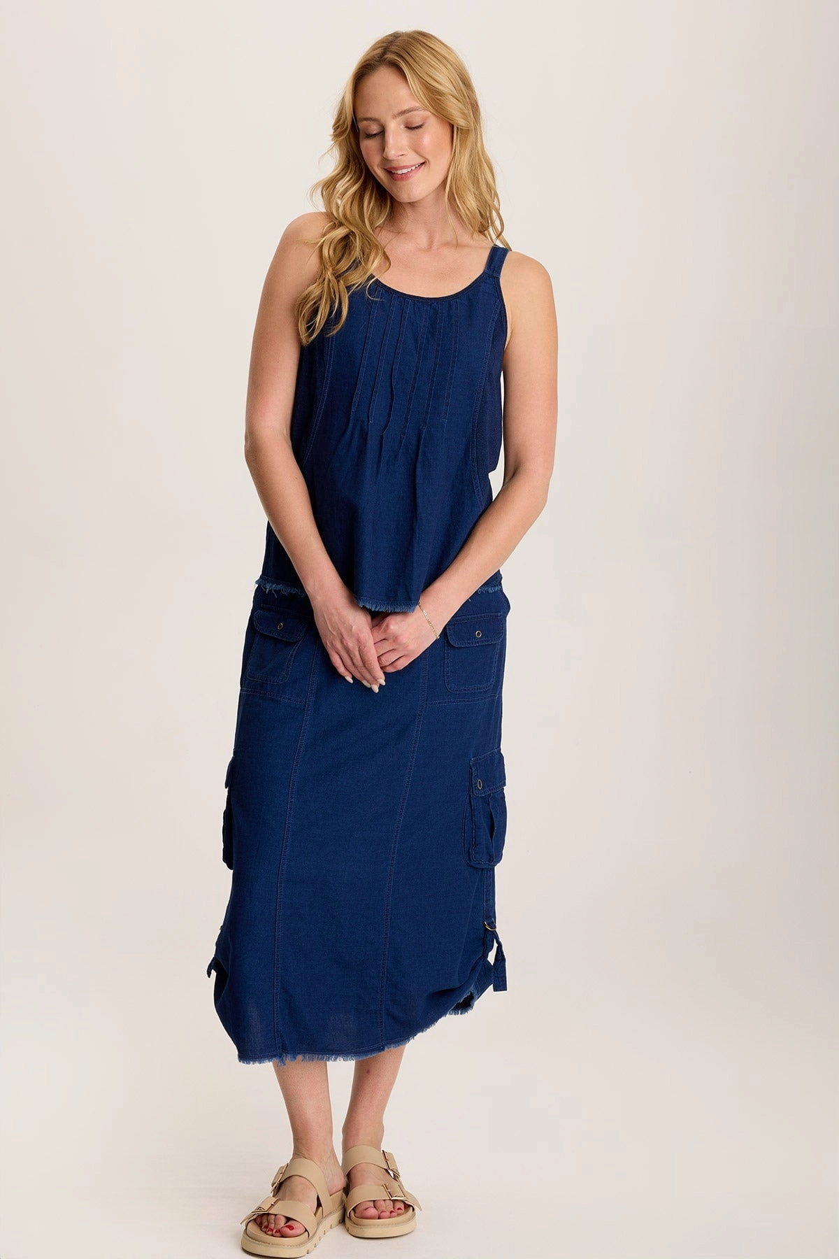 Chesney Mock-Denim Cargo Midi Skirt Diagonal Slit Relaxed Style