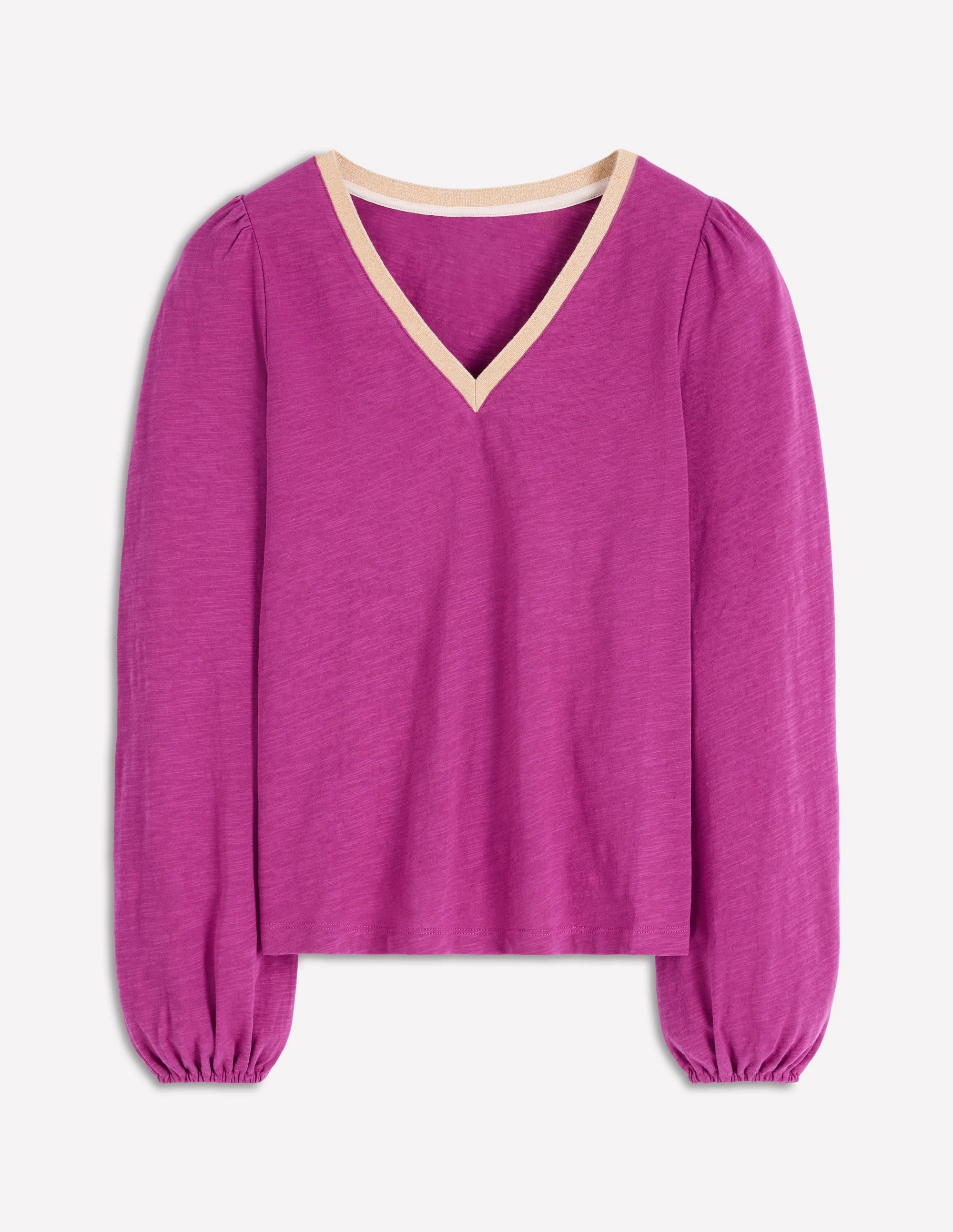 AllSeason Wearability Anti Static Weave Technology Stretchable Ribbed Trim Metallic Trim Long Sleeve Top-Rich Magenta
