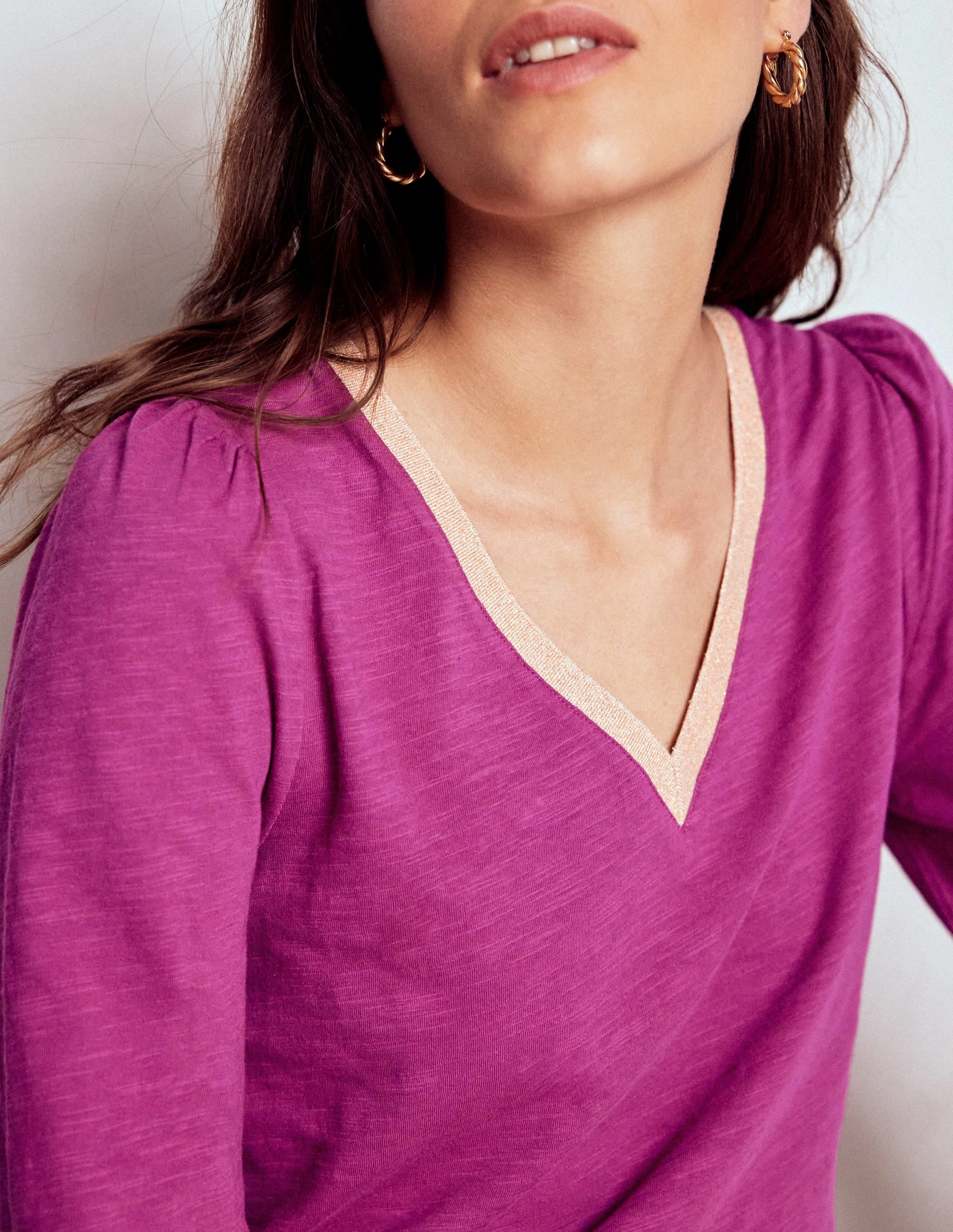 Stretchable Ribbed Trim Metallic Trim Long Sleeve Top-Rich Magenta RibbedHemline HypoallergenicMaterial