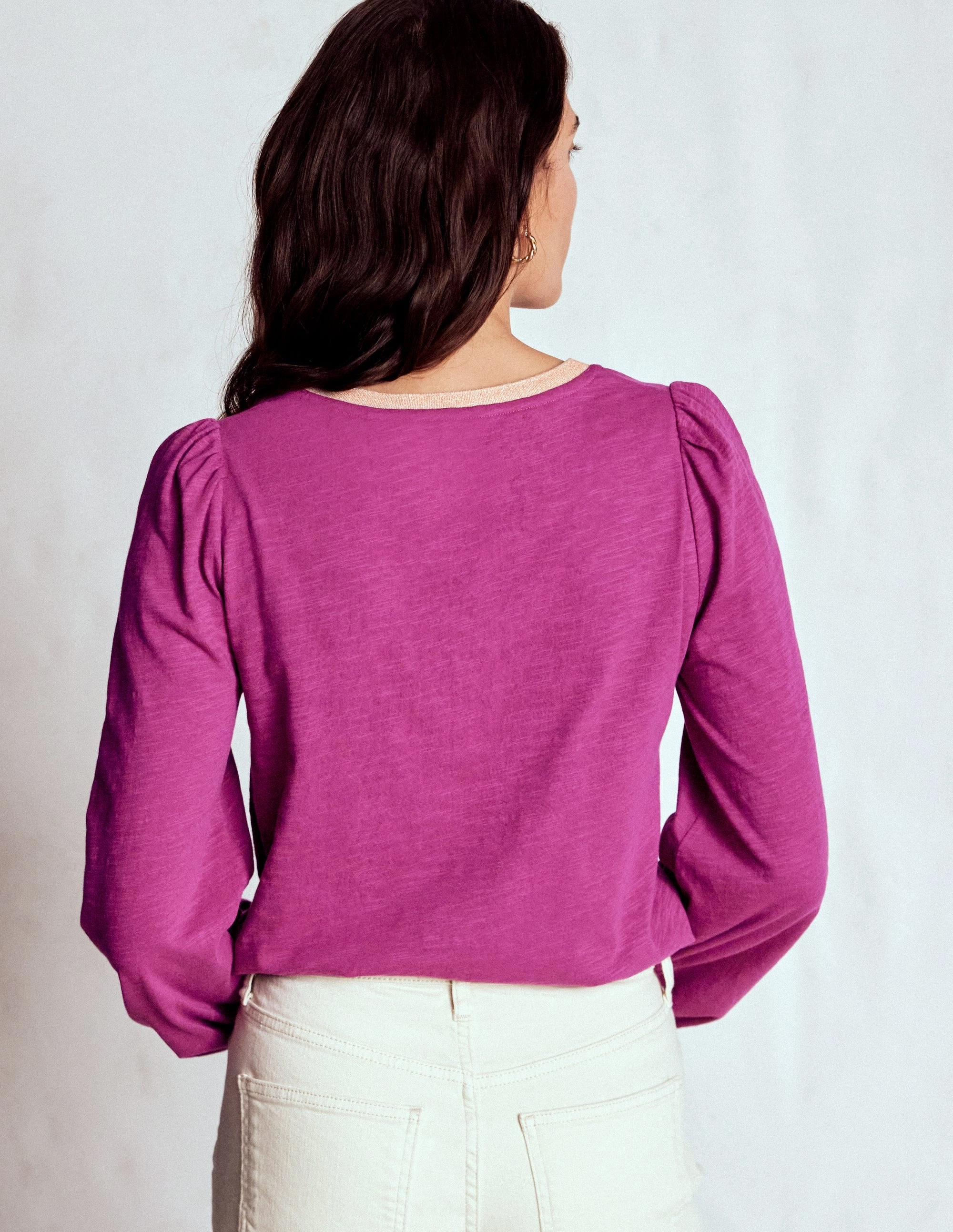 Stretchable Ribbed Trim Metallic Trim Long Sleeve Top-Rich Magenta AllClimateAdaptive Sleeveless Top