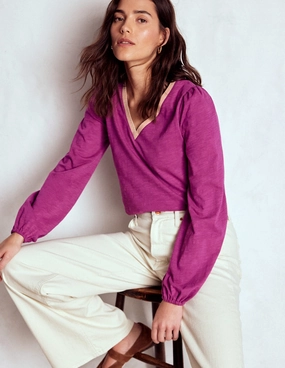 Comfortable clothing Double Stitched Seams Stretchable Ribbed Trim Metallic Trim Long Sleeve Top-Rich Magenta
