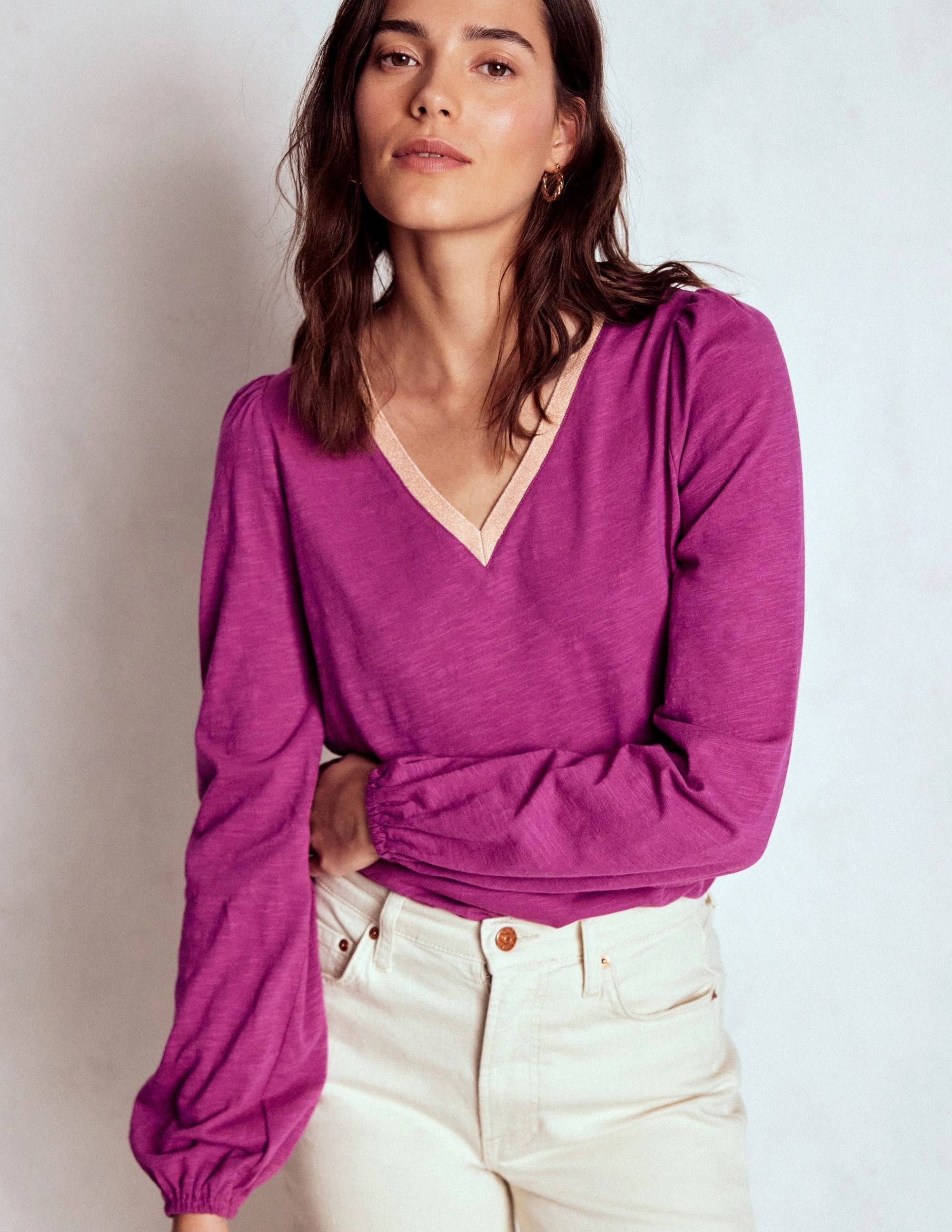 Stretchable Ribbed Trim Metallic Trim Long Sleeve Top-Rich Magenta High Durability Material