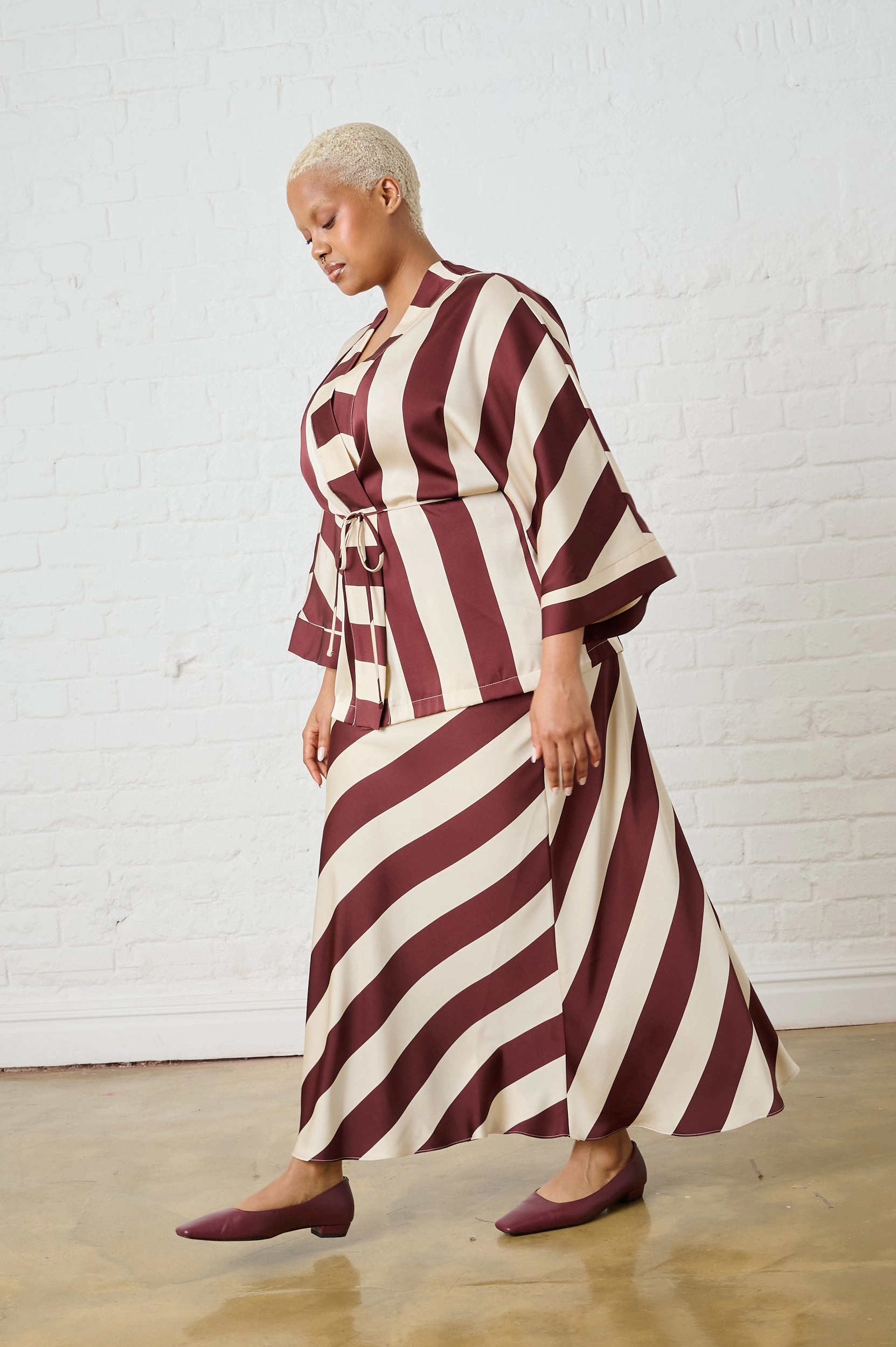 Satin Kimono in Burgundy Stripe Breathable Membrane City Commuter