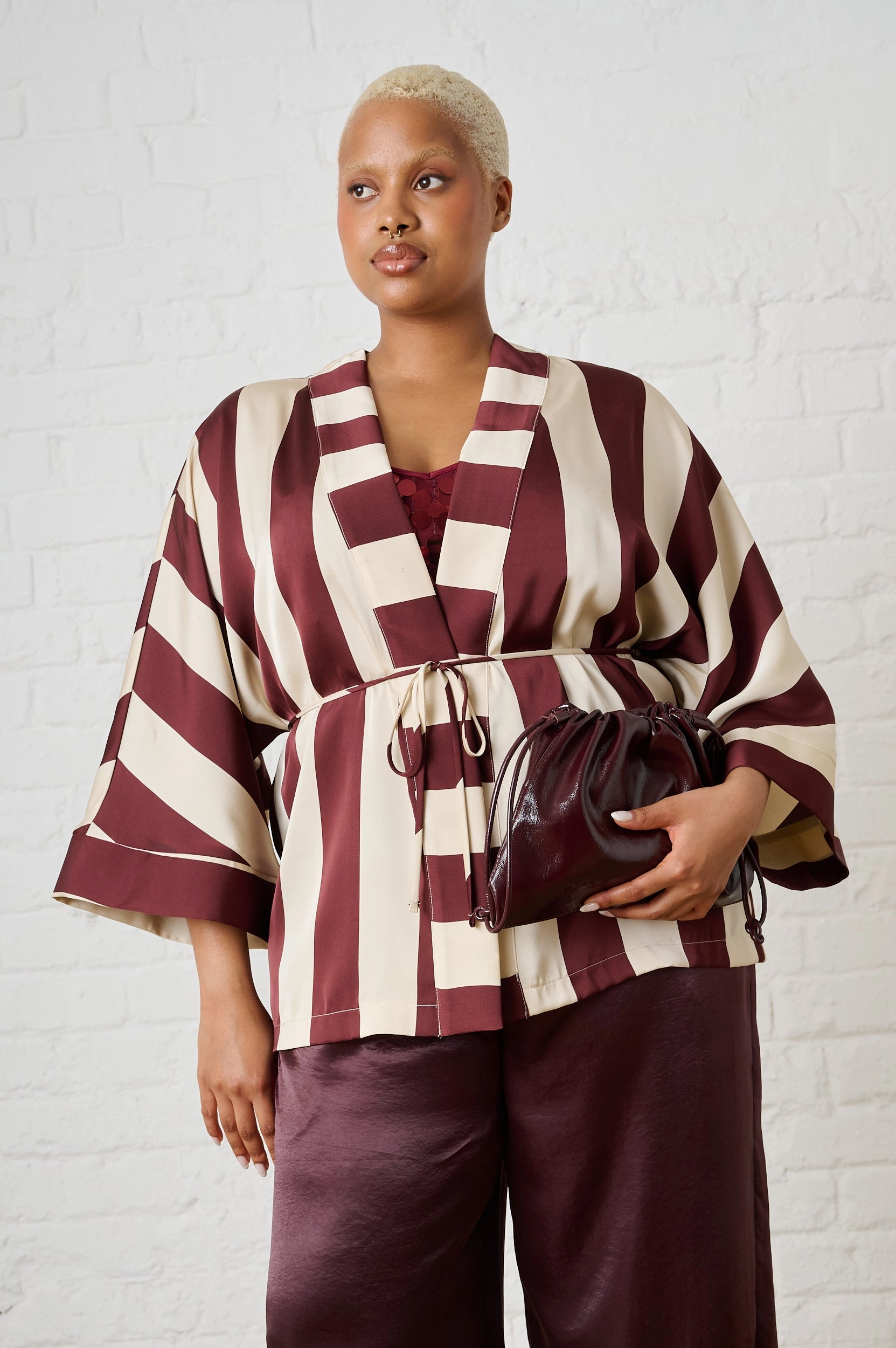 Satin Kimono in Burgundy Stripe Modern Minimal