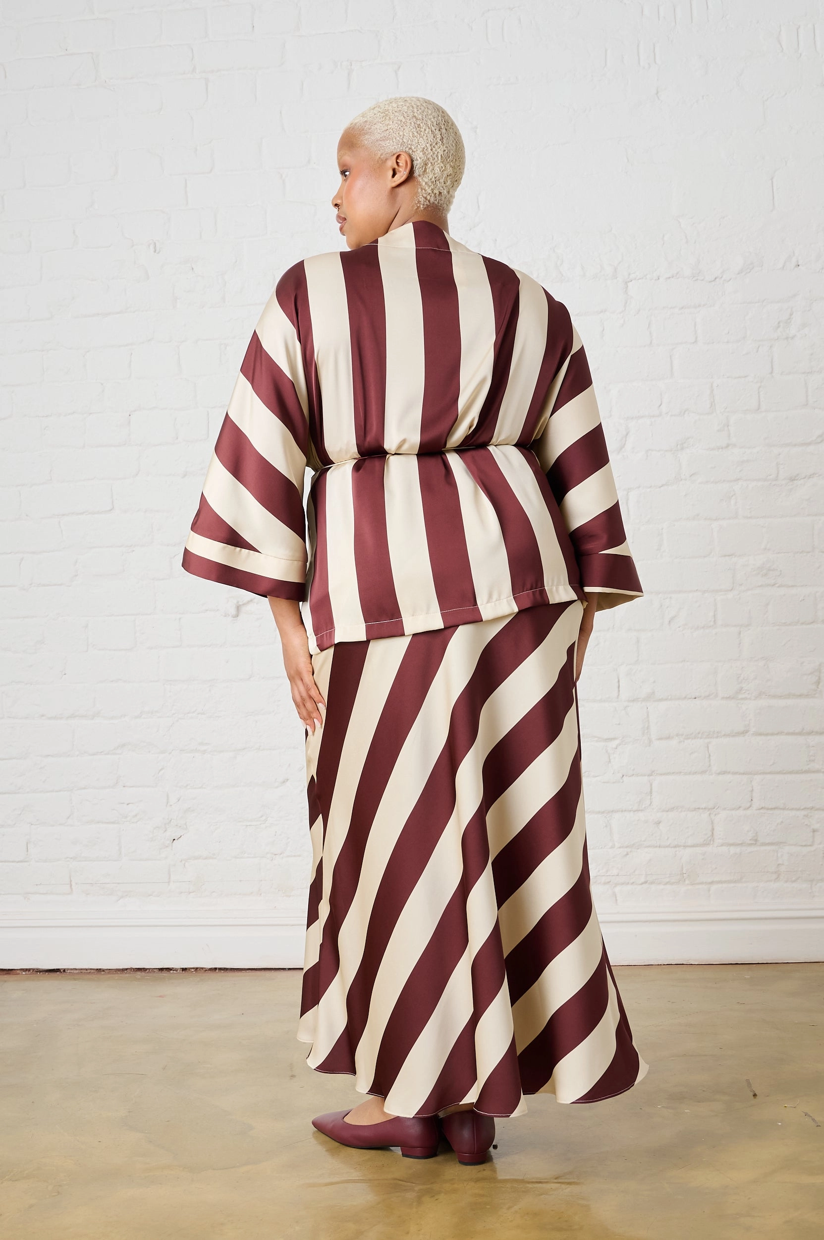Satin Kimono in Burgundy Stripe Stylish Layer