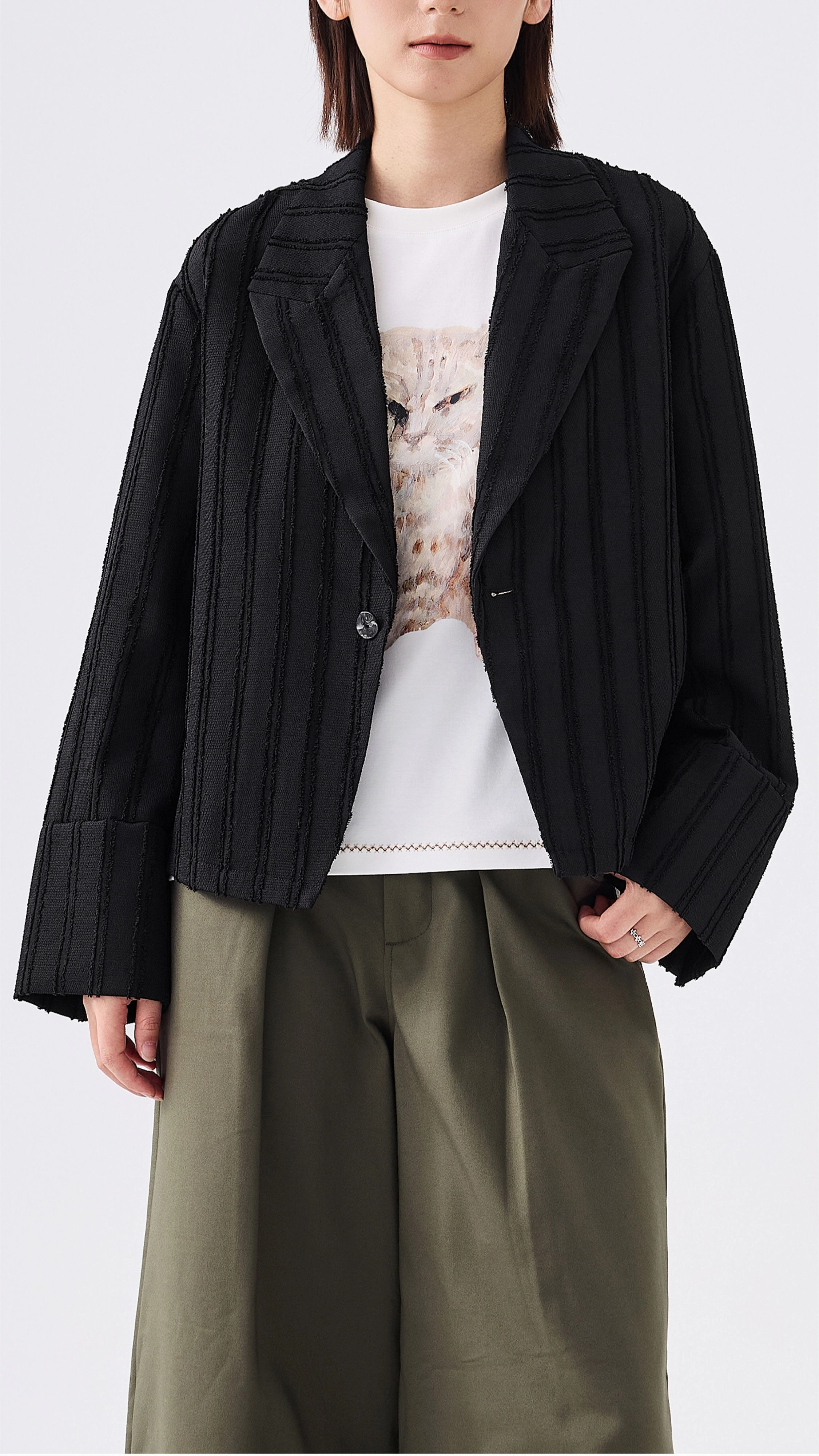 Stripe Jacquard Crop Blazer Temperature Regulating Stylish Outer Layer