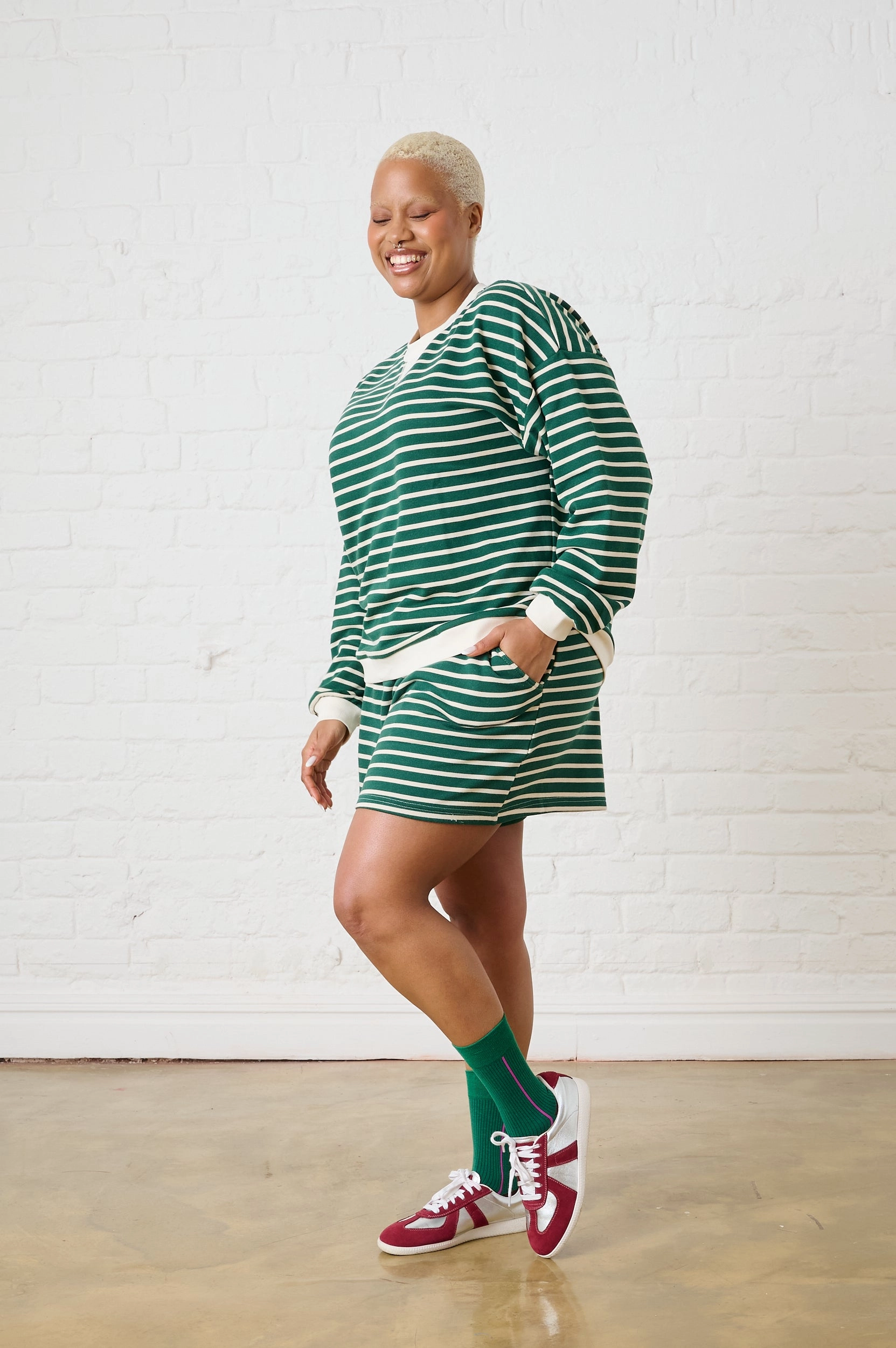 SnagResistant Stripe Sweat Top in Green/Milk