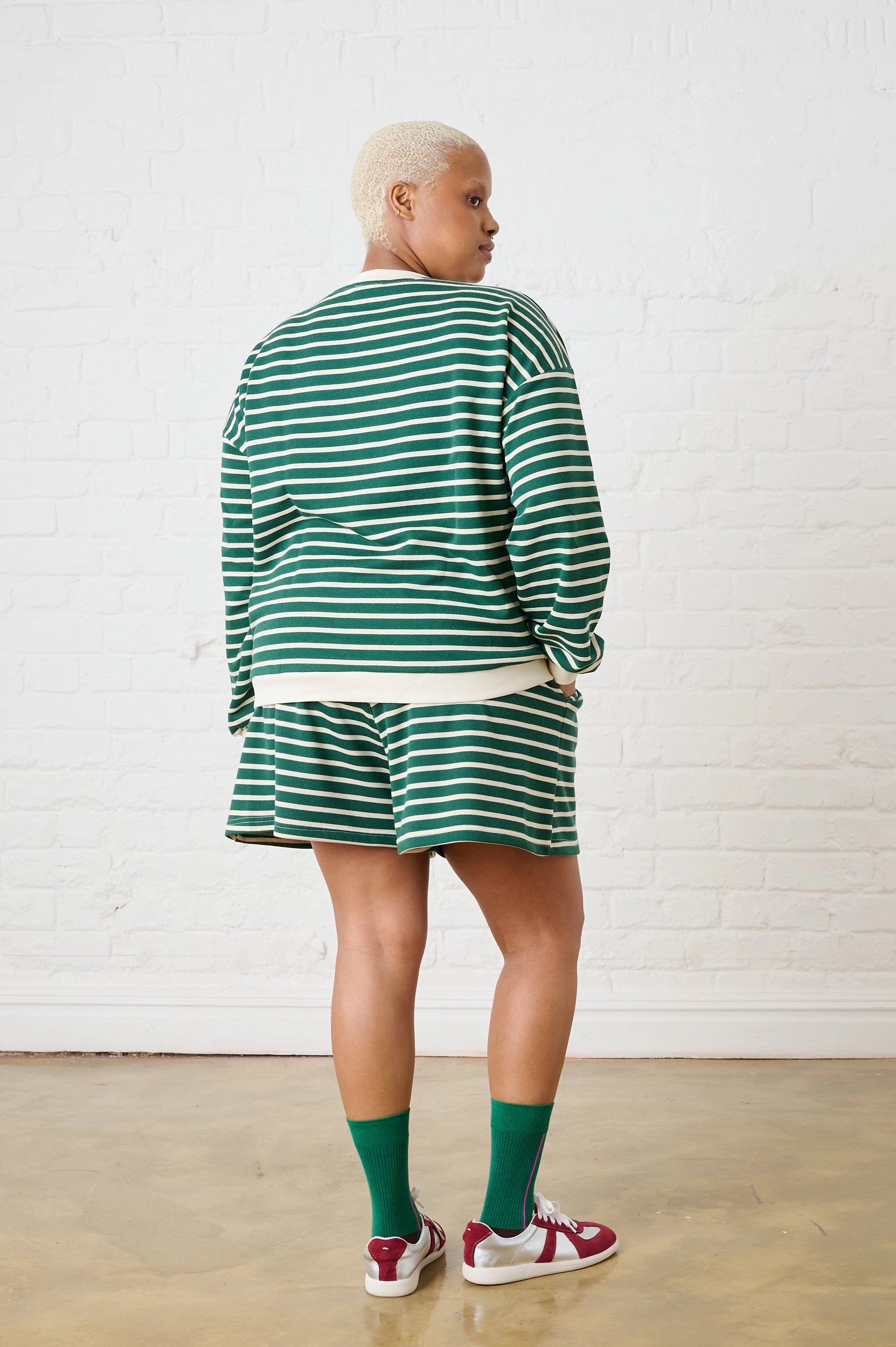Stripe Sweat Top in Green/Milk Smooth Zipper Integration Reinforced Shoulder