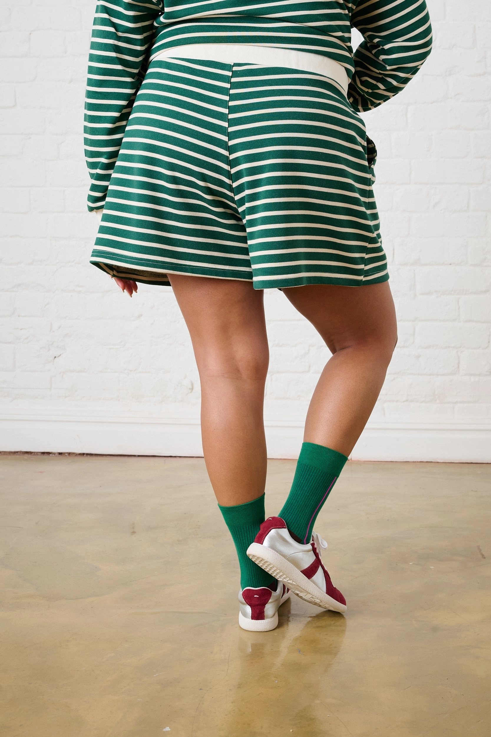 Striped Knit Shorts in Green/Milk Compact Storage Feature
