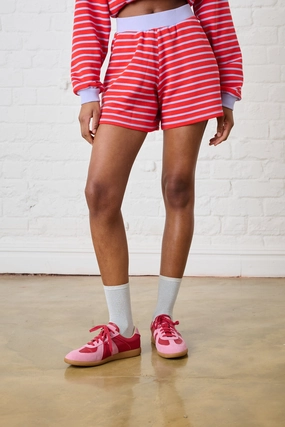 Chilly Weather High-Performance Fit Striped Knit Shorts in Red/Lilac