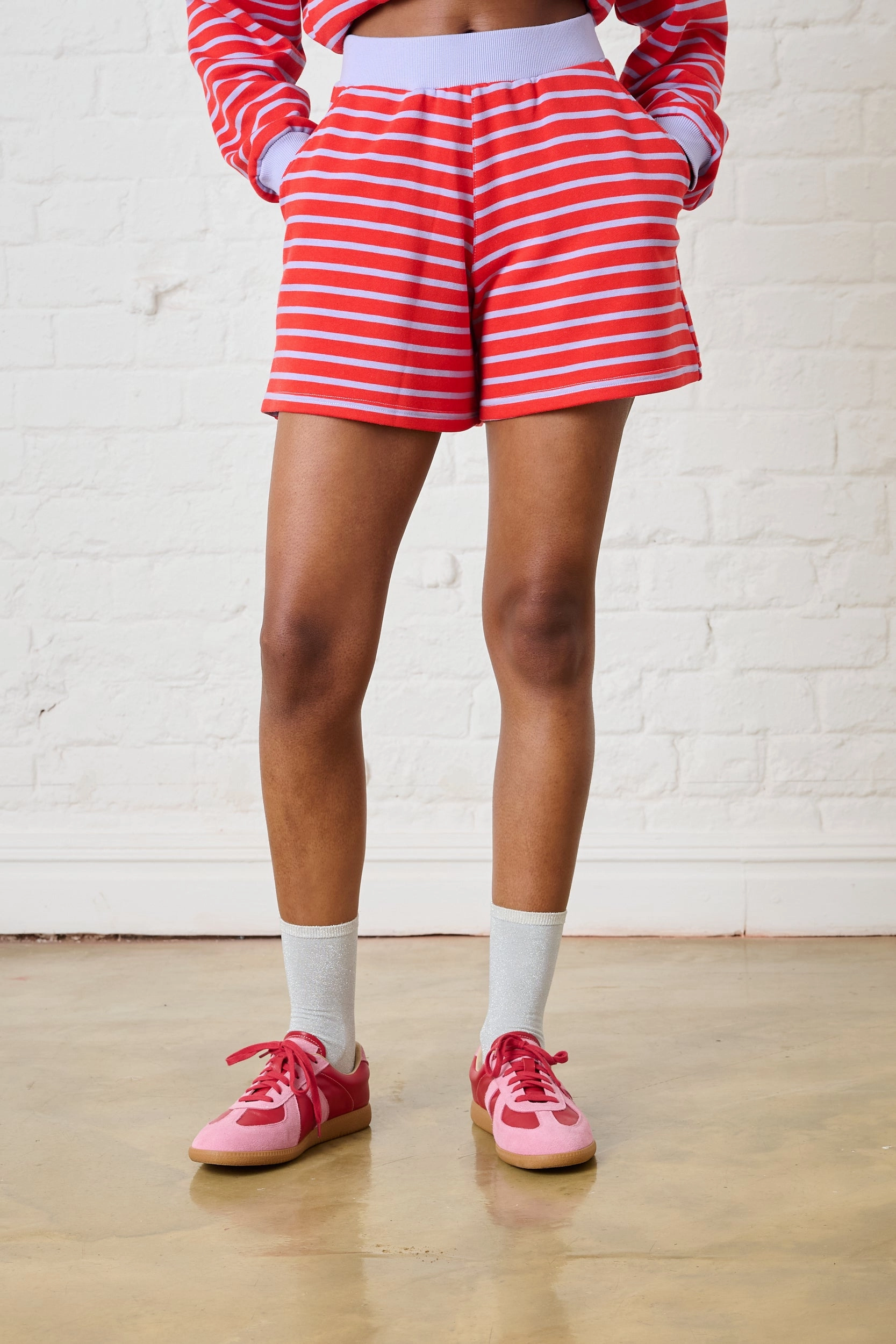 Athletic Design Striped Knit Shorts in Red/Lilac