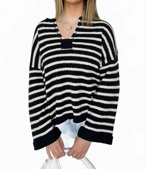 Striped Split Neck Sweater In Black And Ivory Chilly Look