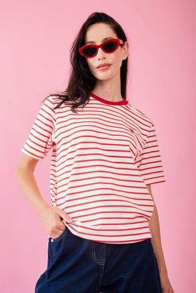 Striped Tee with Embroidered Strawberry OrganicCotton Bound Edges