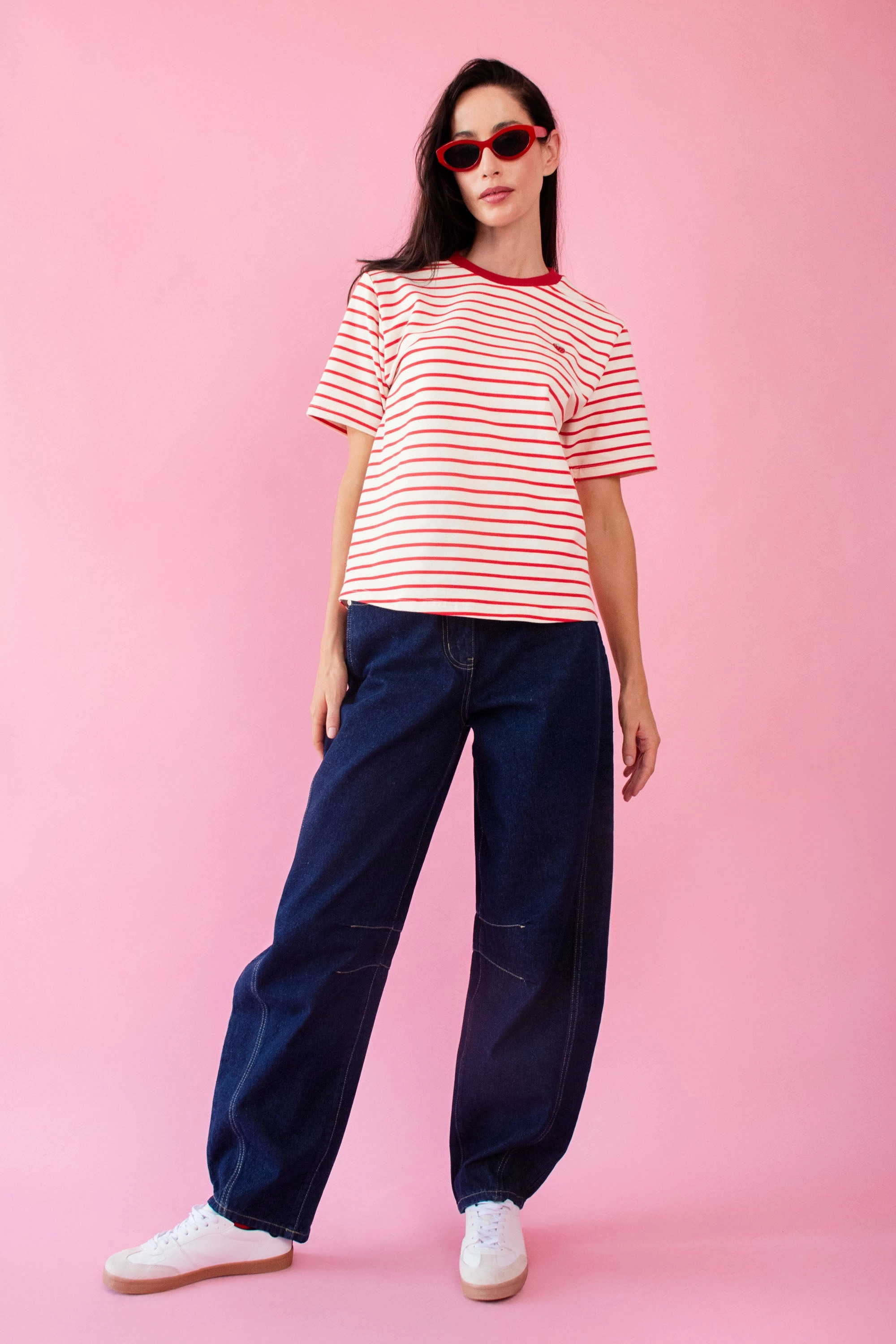 Striped Tee with Embroidered Strawberry Classic Crew Neck