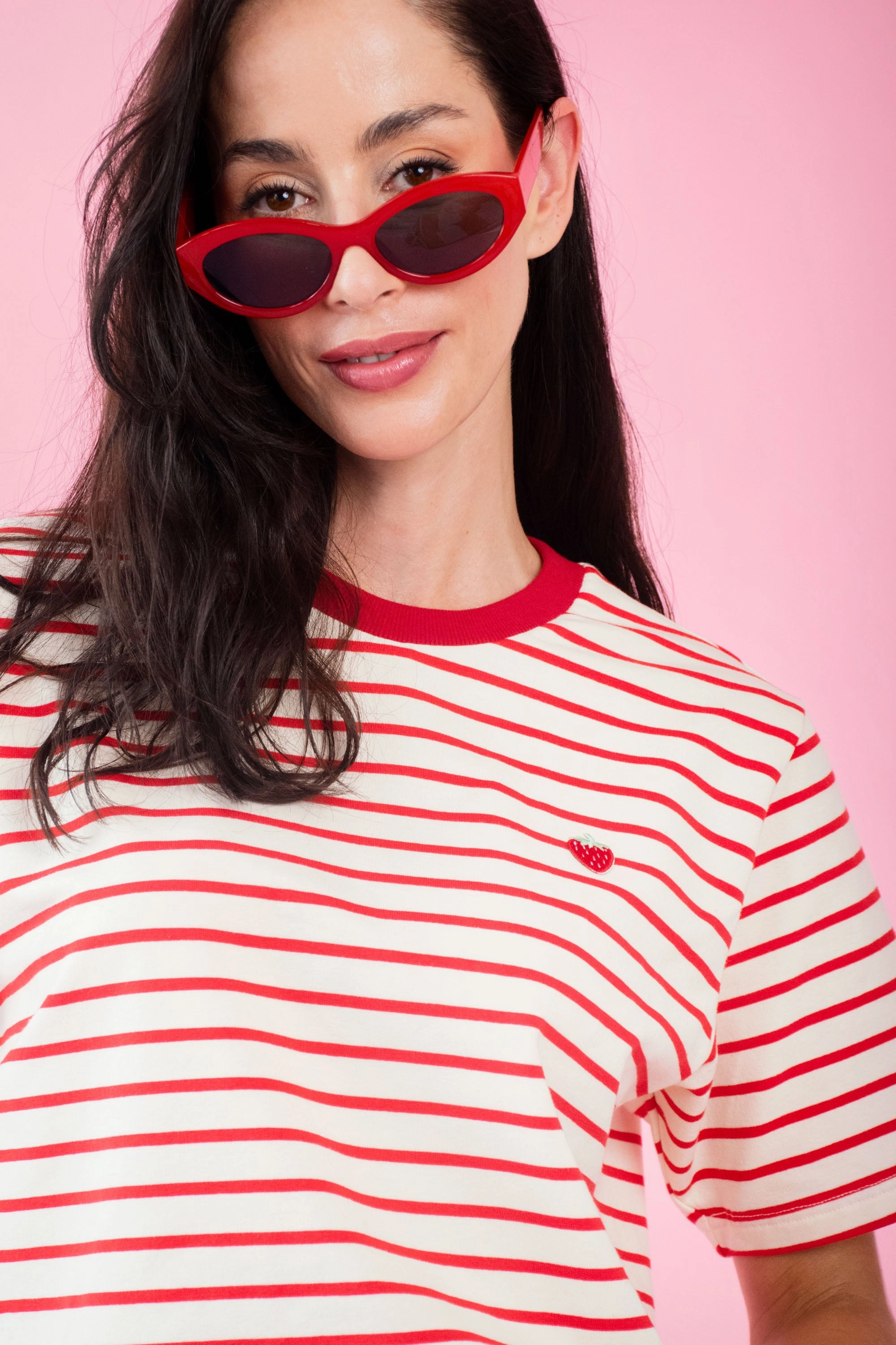 Bound Seam Edges Modern Look Striped Tee with Embroidered Strawberry
