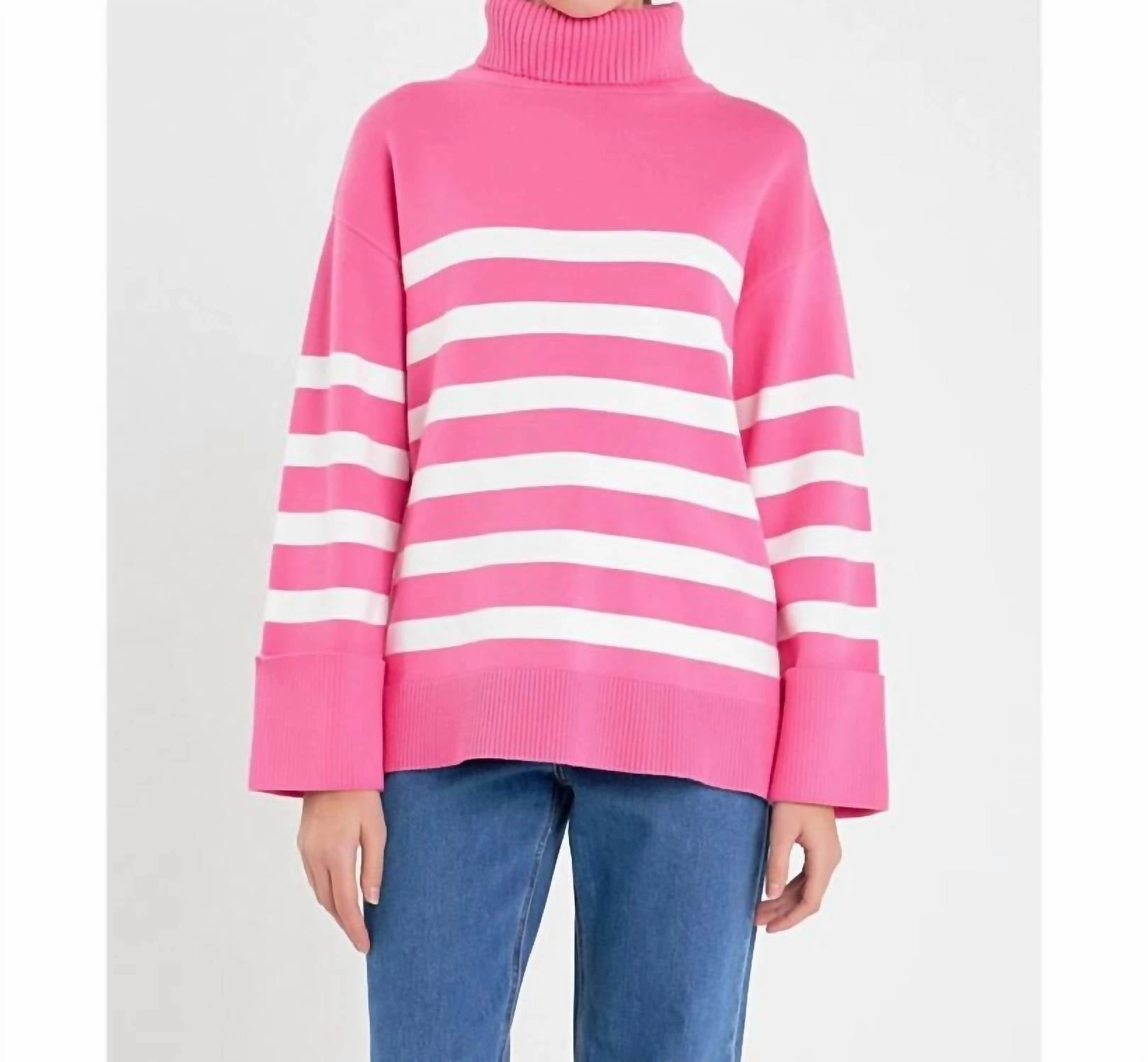 Striped Turtleneck Sweater In Pink Cozy Warmth
