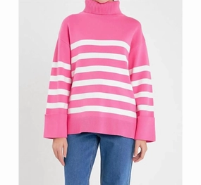 Chilly Day Knit Striped Turtleneck Sweater In Pink